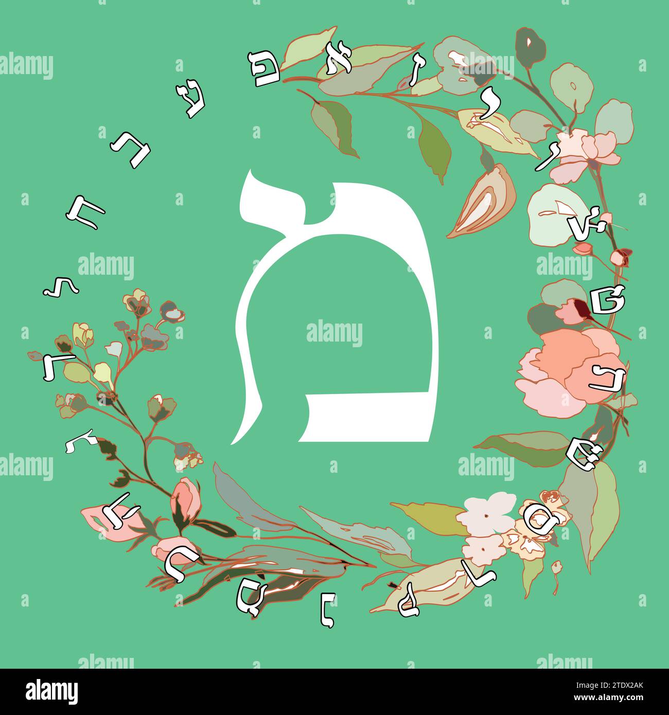 Vector illustration of the Hebrew alphabet with floral design. Hebrew letter called Mem white on green background. Stock Vector