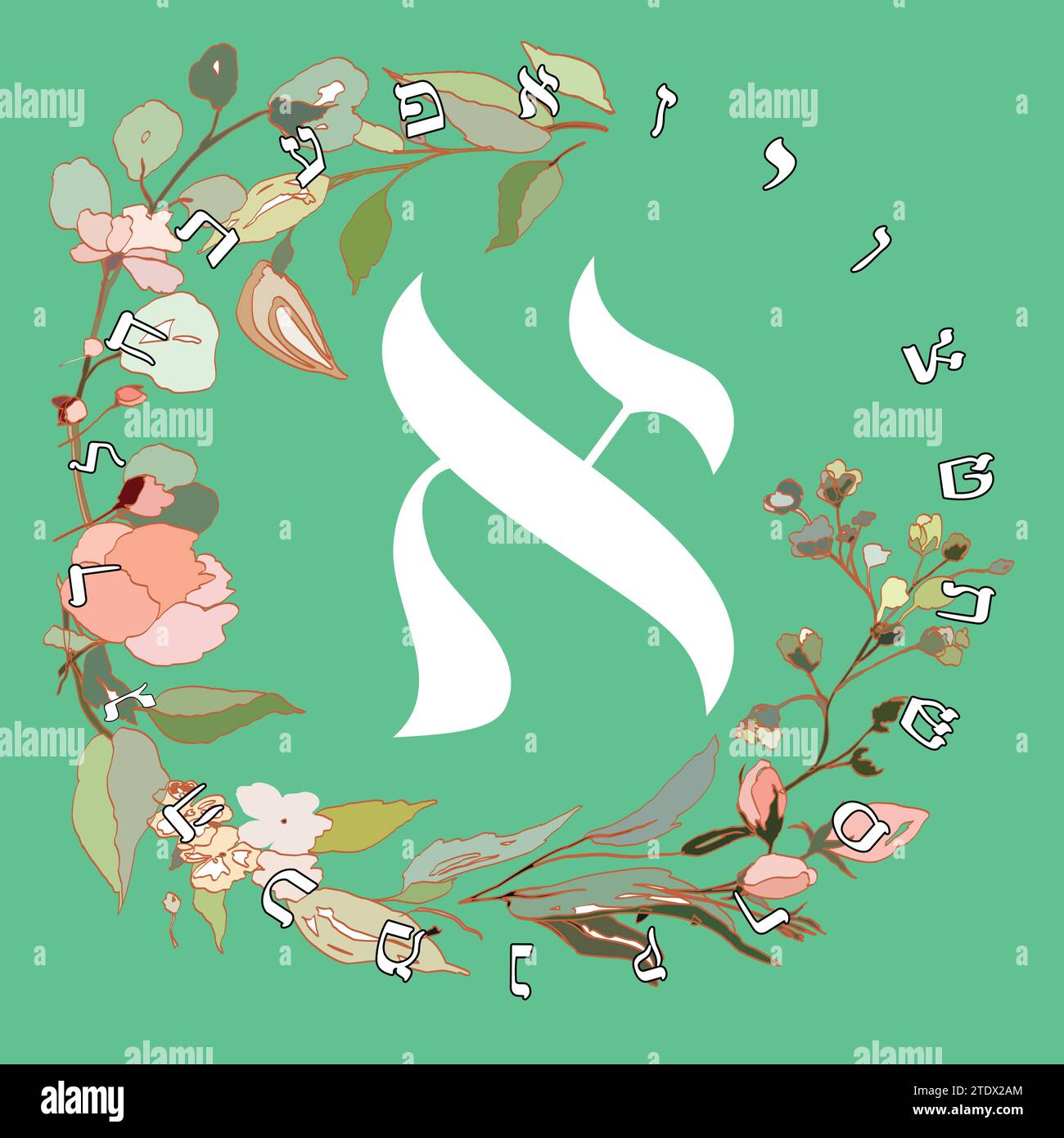 Vector illustration of the Hebrew alphabet with floral design. Hebrew letter called Aleph white on green background. Stock Vector