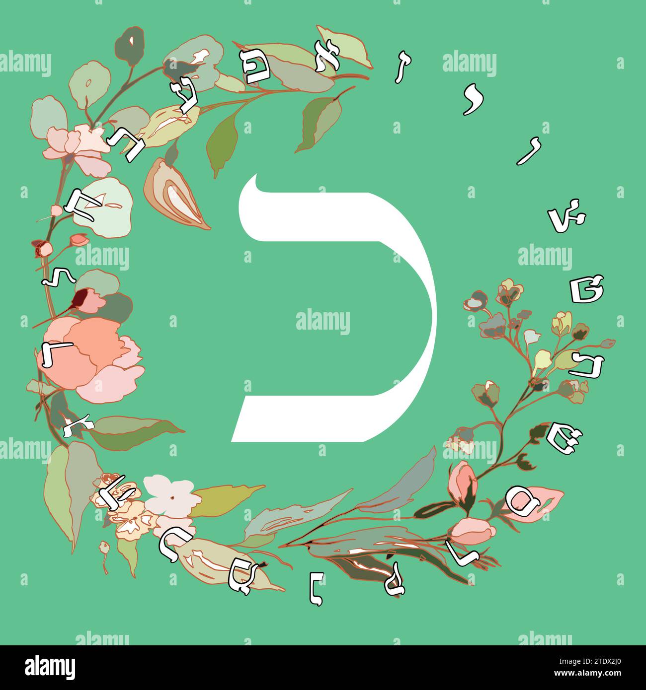 Vector illustration of the Hebrew alphabet with floral design. Hebrew letter called Kaph  white on green background. Stock Vector