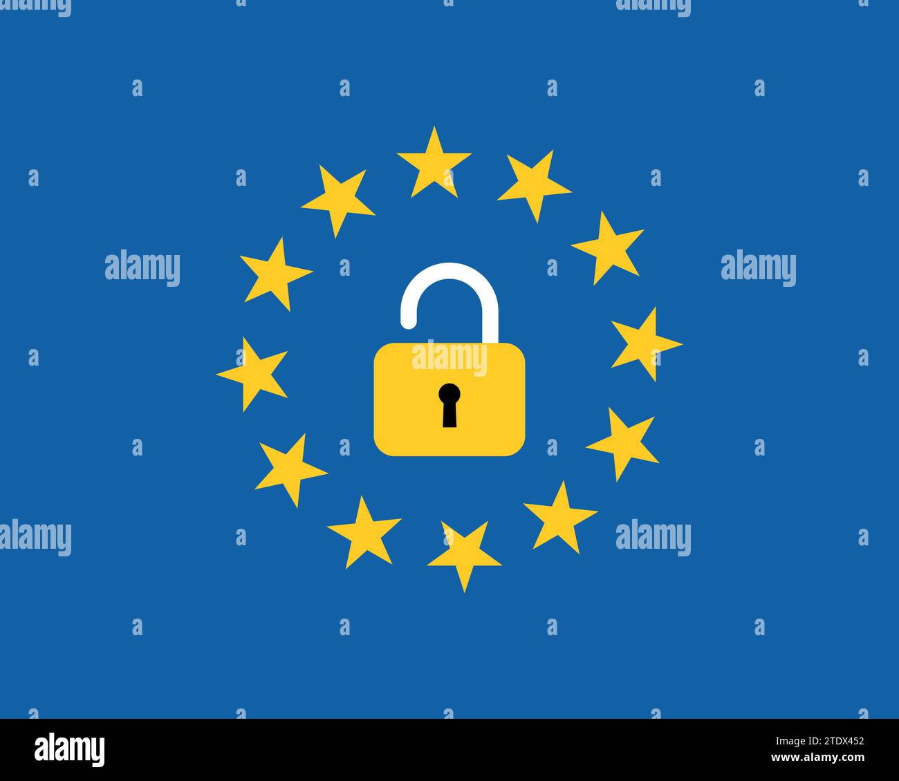 European union flag with an open lock symbol vector illustration. Stock Vector