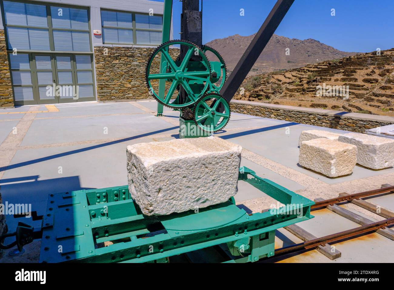 Pyrgos, GR - 6 August 2023: Marble excavation and carving equipment at Museum of Marble Crafts Stock Photo