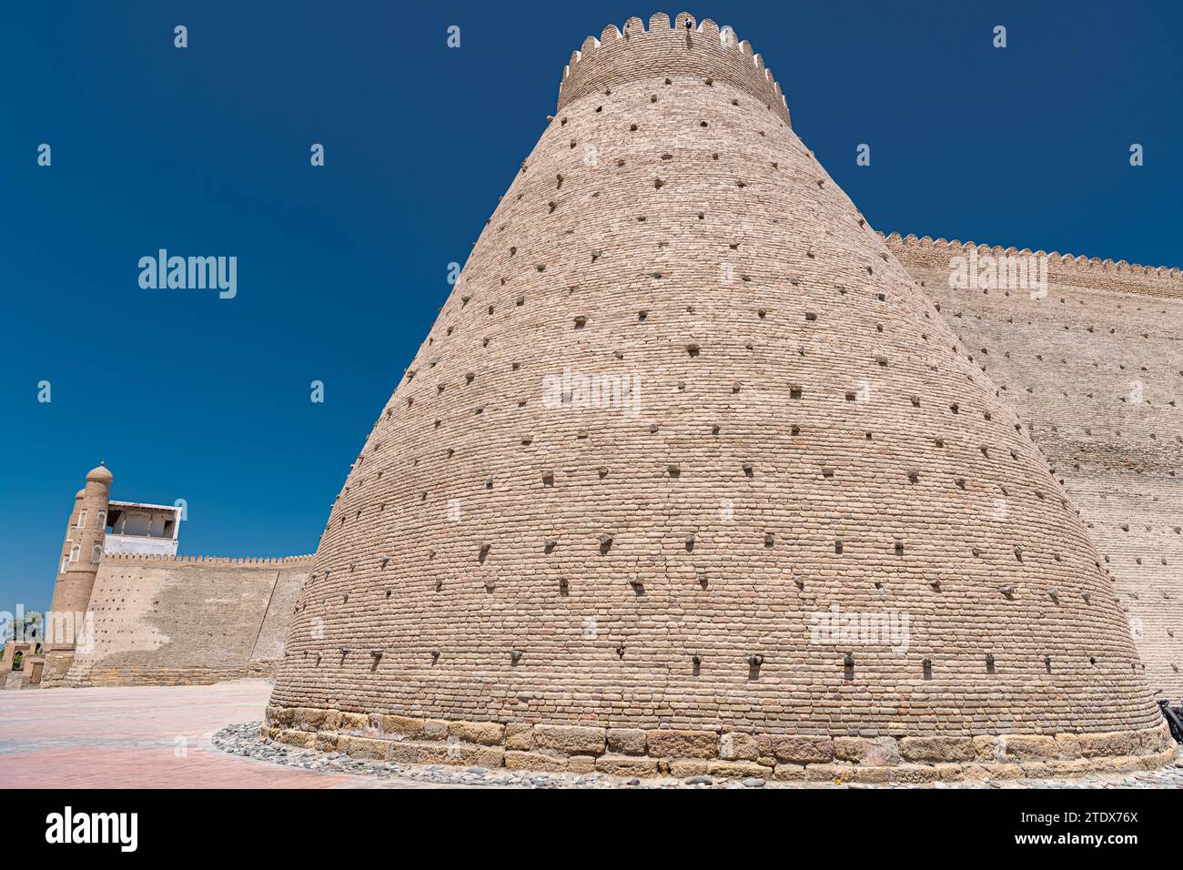 View to the entrance Gates of the Ark, the Medieval massive Bukhara Fortress in Uzbekistan Stock Photo