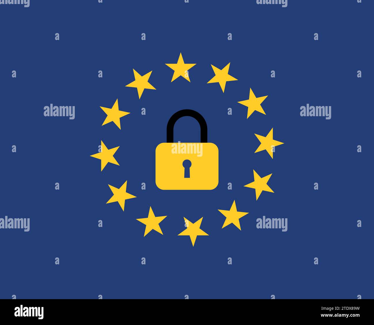 European union flag with a closed lock symbol stops emigration unauthorized signal vector illustration. Stock Vector