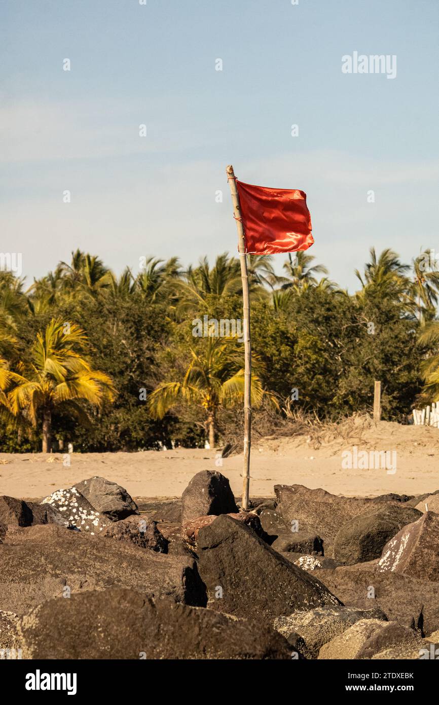 A red flag flutters on the beach, perched atop rocks with palm trees in ...