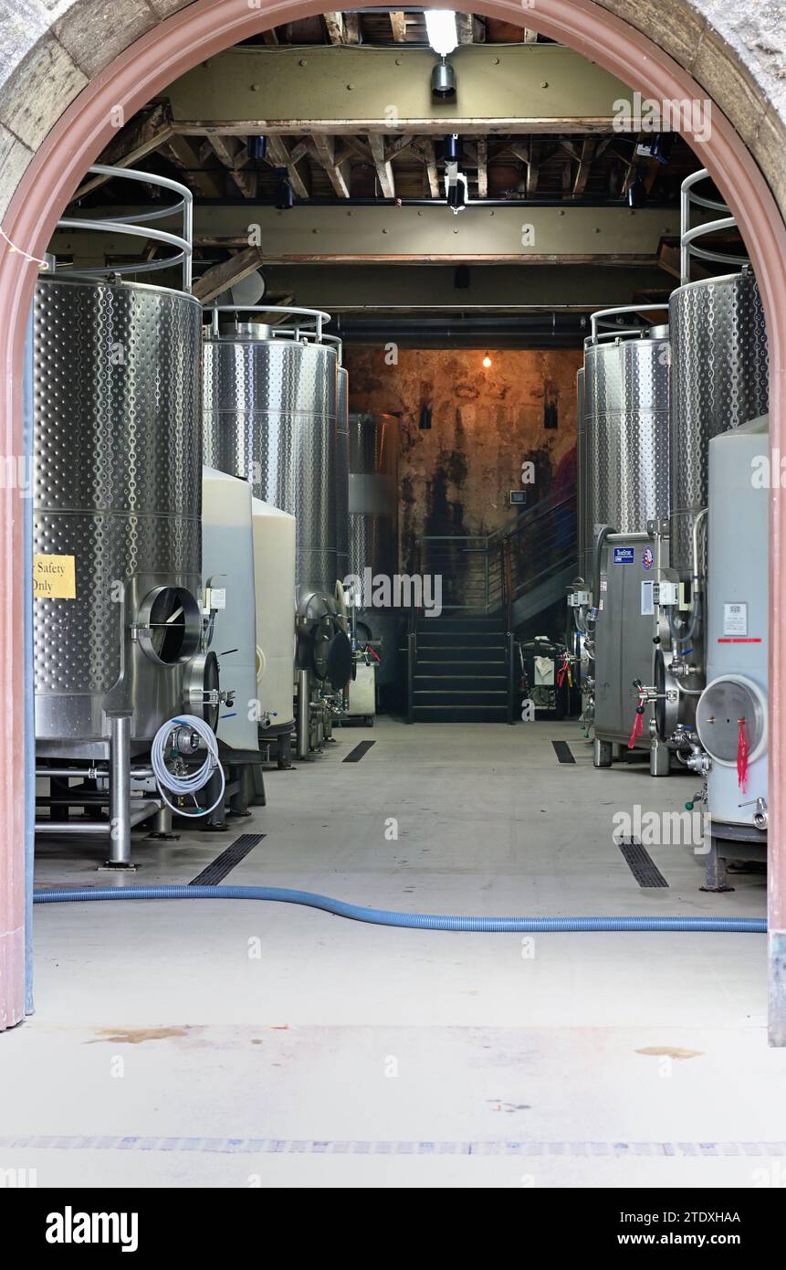 Calistoga, California, USA. Wine making materials inside the ivycovered building at Chateau