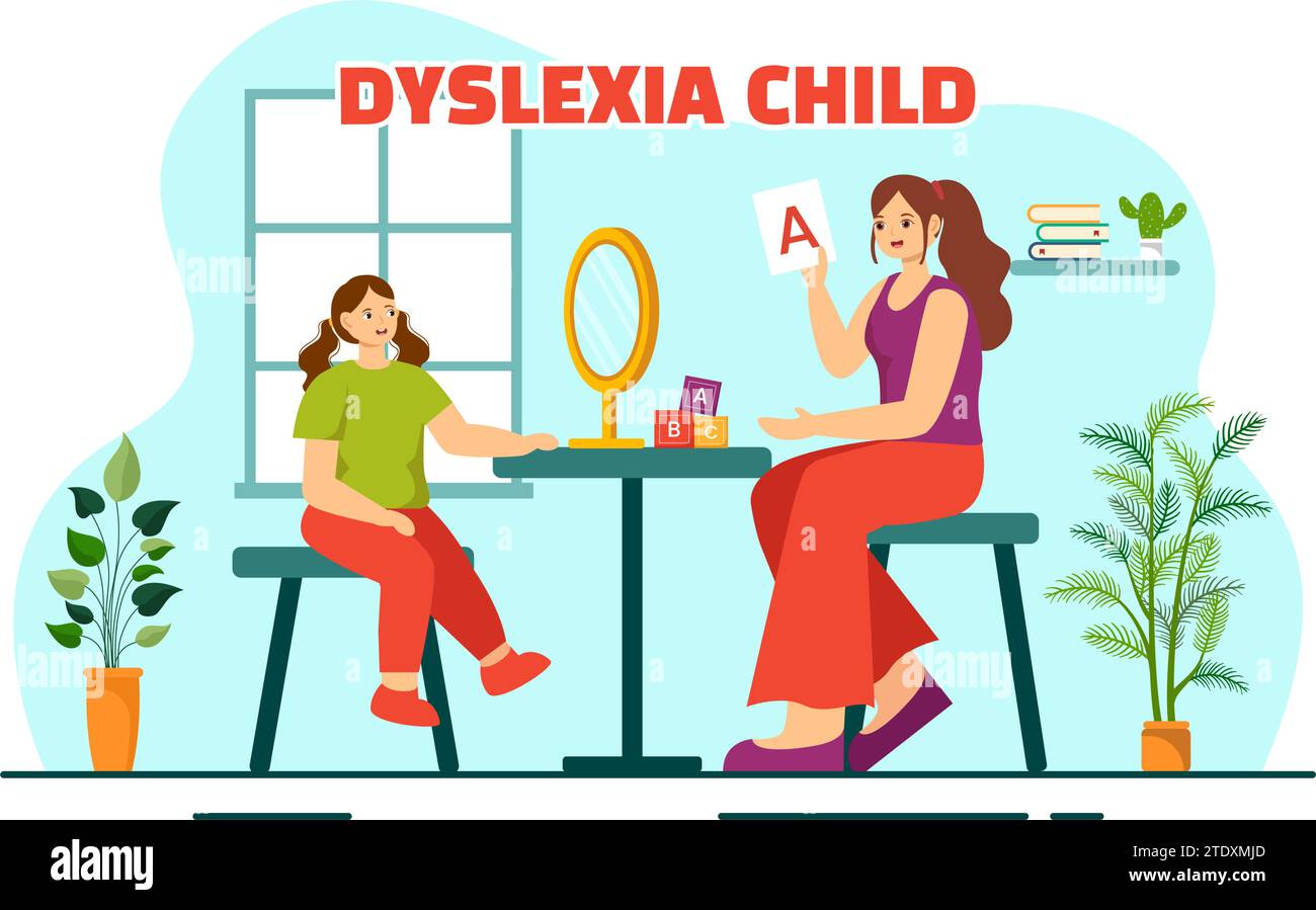 Dyslexia Children Vector Illustration of Kids Dyslexia Disorder and Difficulty in Learning Reading with Letters Flying Out in Flat Cartoon Background Stock Vector