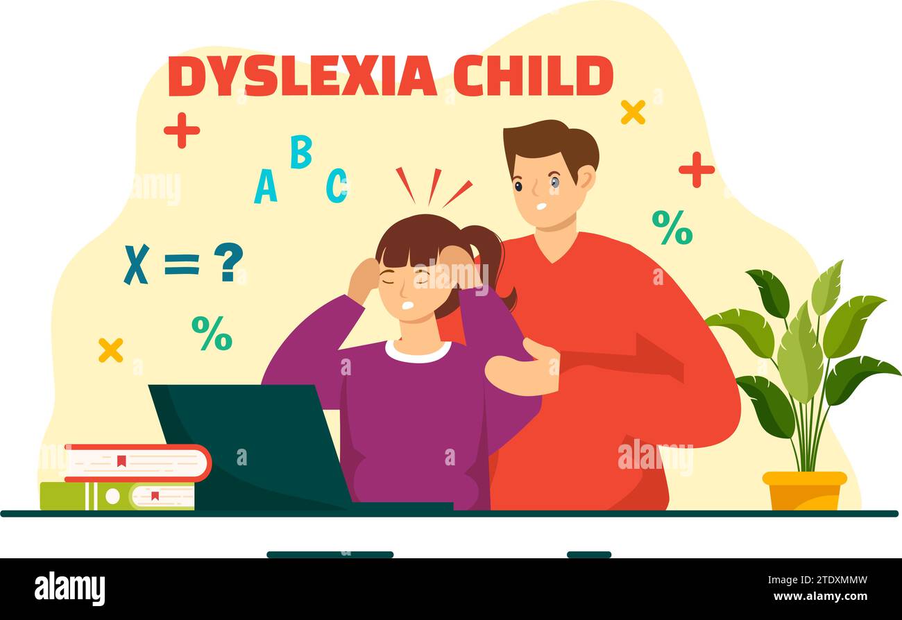 Dyslexia Children Vector Illustration of Kids Dyslexia Disorder and Difficulty in Learning Reading with Letters Flying Out in Flat Cartoon Background Stock Vector