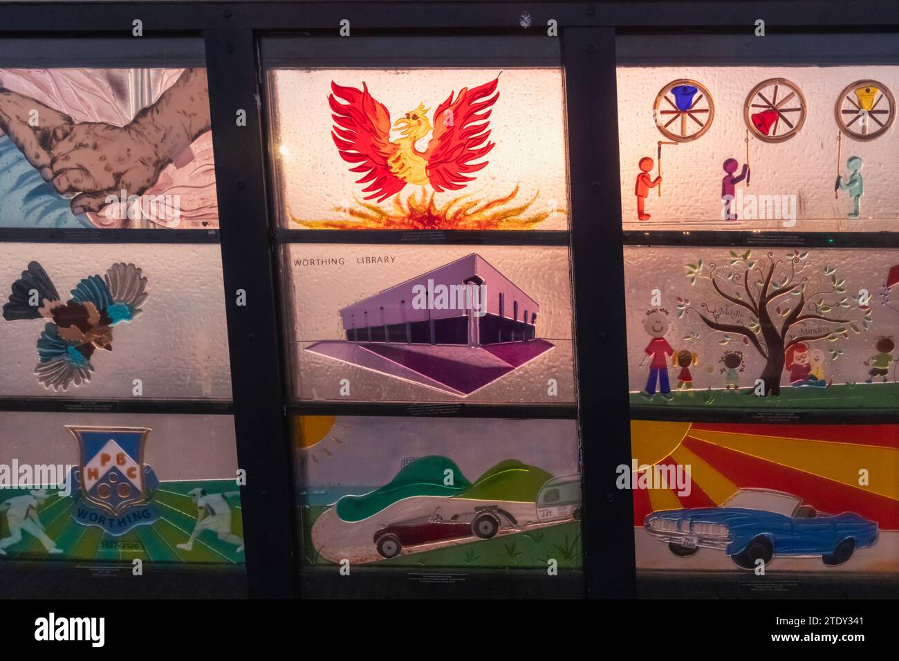 England, West Sussex, Worthing, Worthing Pier, Stained Glass Window depicting Scenes Related to