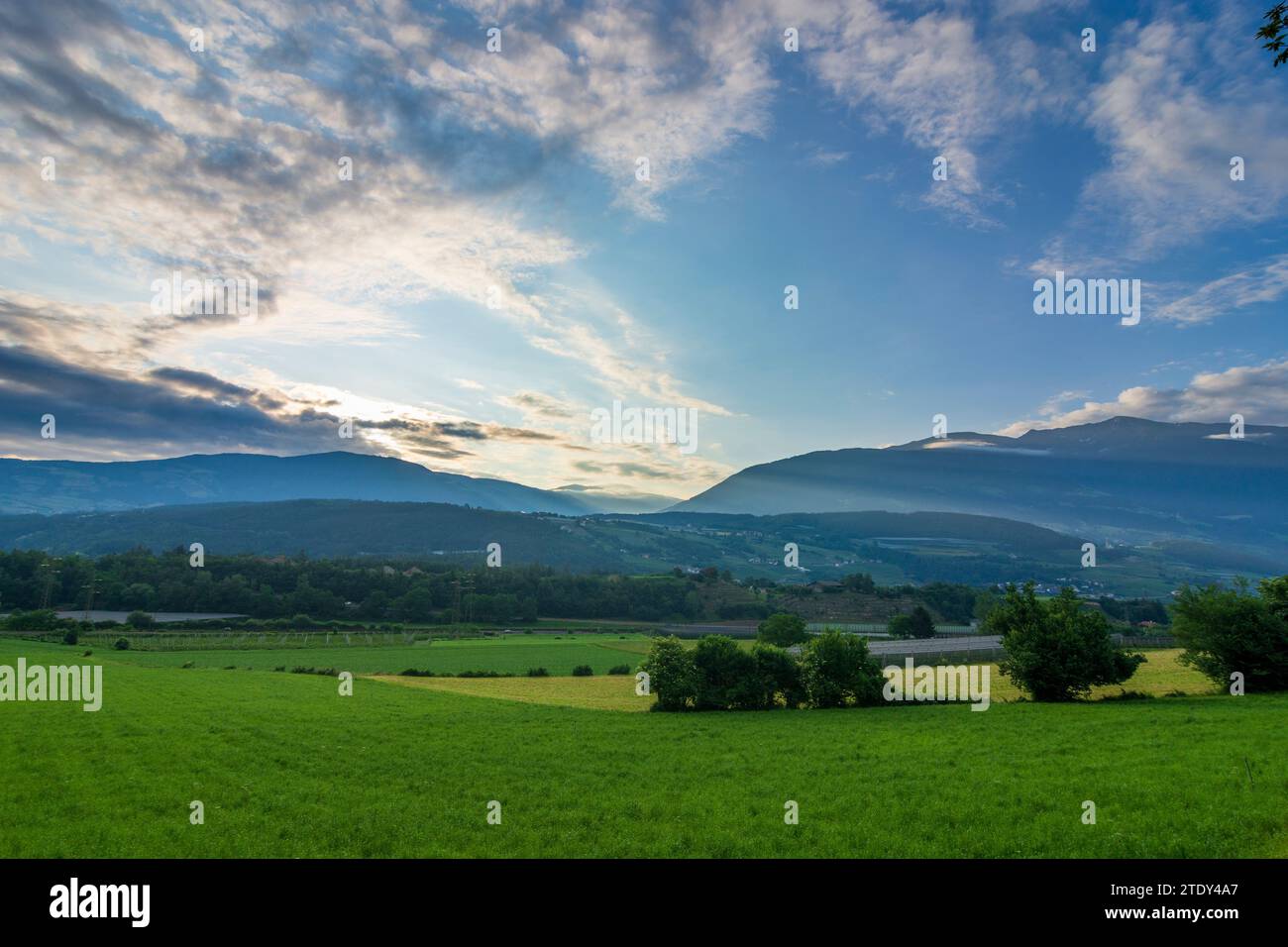 Brixen (Bressanone): Eisack Valley, fields, sunrise in South Tyrol, Trentino-South Tyrol, Italy Stock Photo