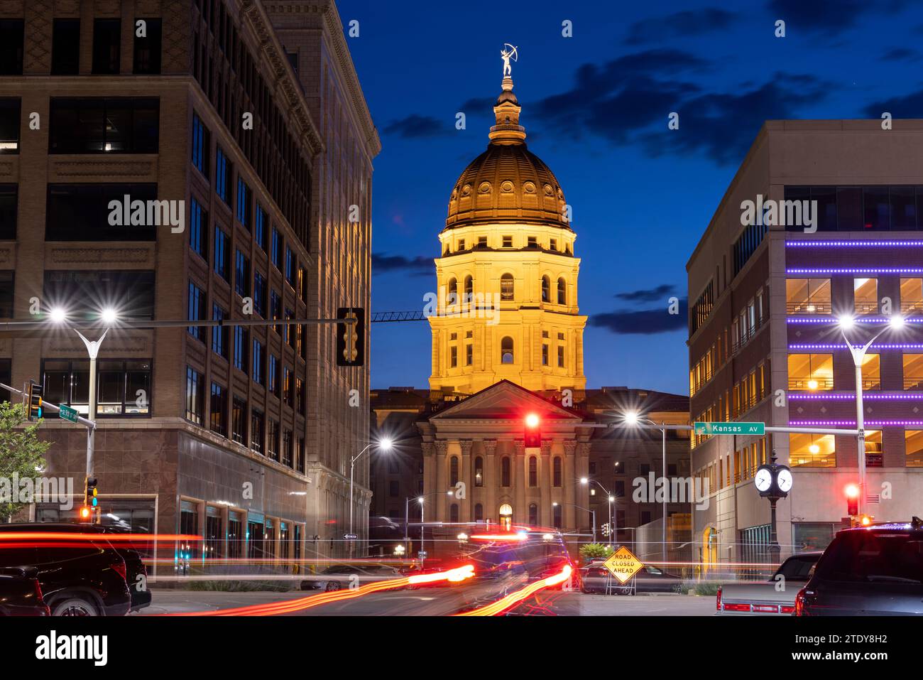 Twilight view of the historic state capitol building of downtown Topeka, Kansas, USA. Stock Photo