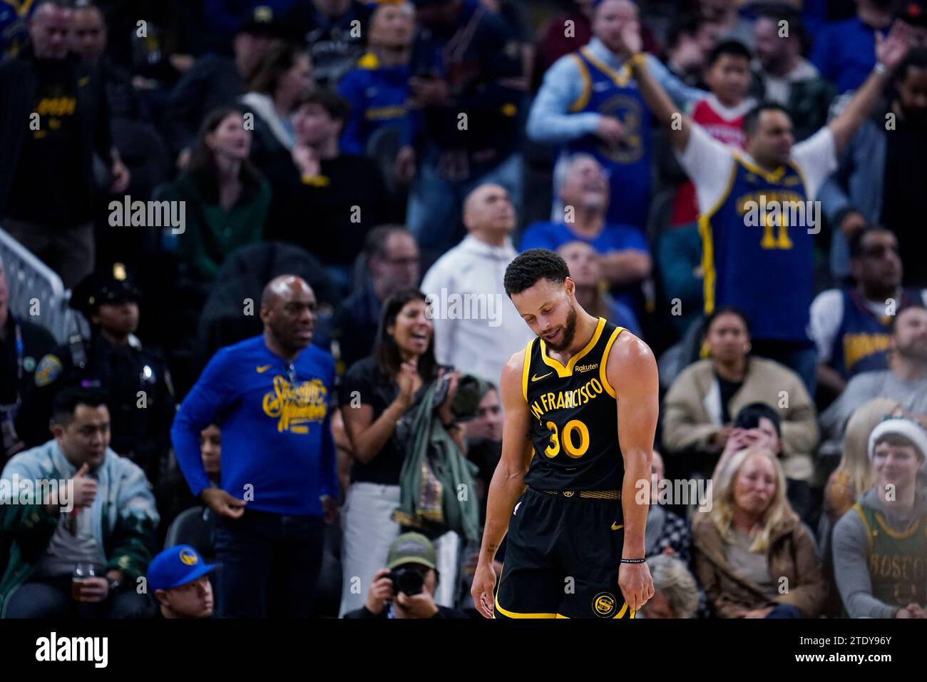 Golden State Warriors guard Stephen Curry reacts after called for a foul during the first half