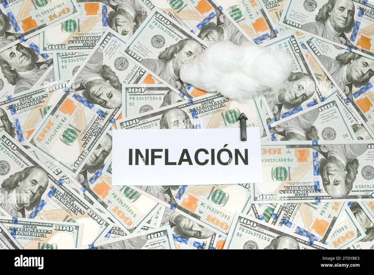 Spanish Word 'Inflación' Written On A Paper And An Arrow Pointing To A Cloud meaning Inflation Skyrocketed As A Result Of The Economic Crisis Stock Photo