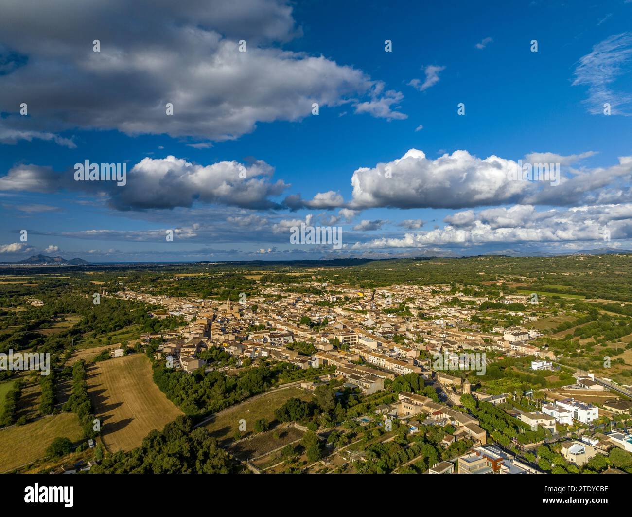 Aerial view of the village of Llubí at sunset, in the Pla de Mallorca area (Majorca, Balearic Islands, Spain) ESP: Vista aérea del pueblo de Llubí Stock Photo