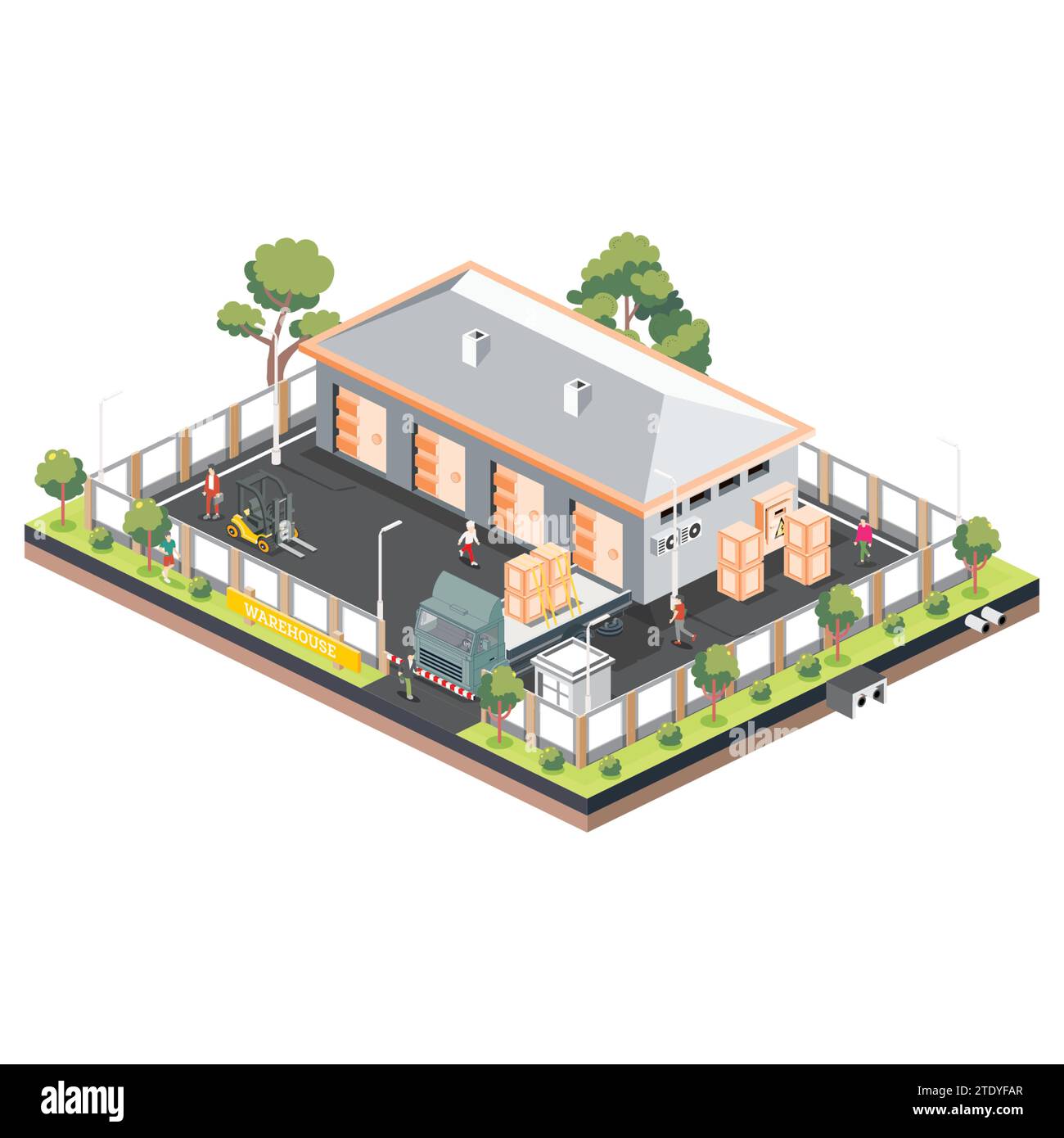 Isometric depiction of a Distribution Logistic Center featuring warehouse storage facilities and truck. Vector illustration capturing the loading. Stock Vector