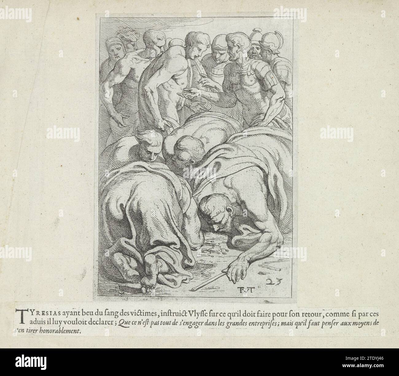 Tiresias drinks the blood of the sacrifice, Theodoor van Thulden, After Francesco Primaticcio