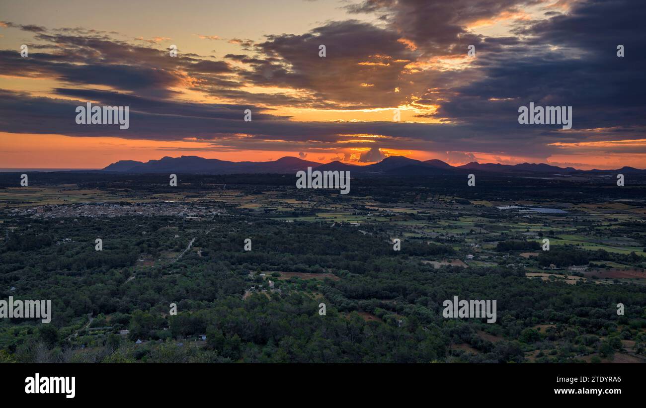 Sunrise seen from the Bonany sanctuary looking towards the Artà massif and the Serra de Llevant mountains (Mallorca, Balearic Islands, Spain) Stock Photo