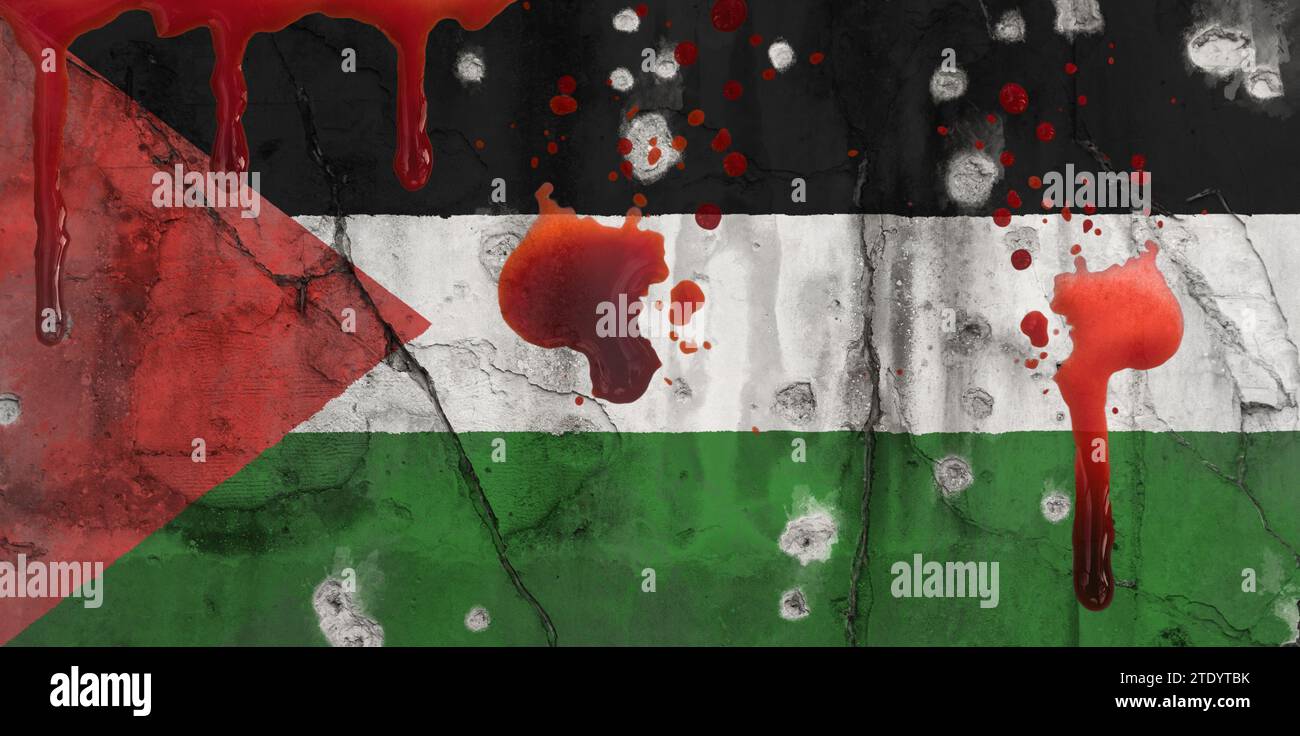 Weathered flag of Palestine painted on a cracked wall with bullet holes, dripping blood and blood splatter. Violence and war in Palestine concept. Stock Photo