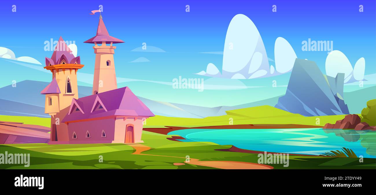 Fairytale castle with pink roof and towers on lake shore. Cartoon ...