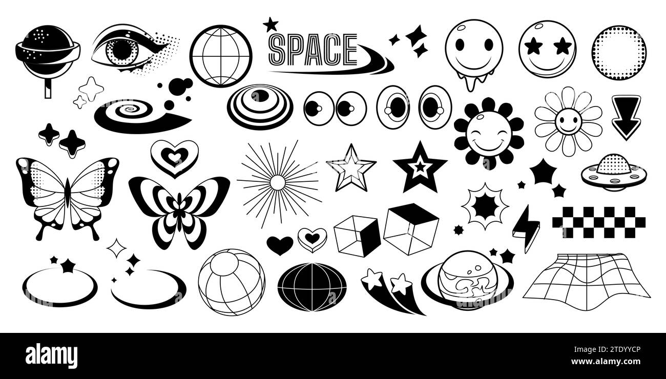 Retrowave black icons set isolated on white background. Vector illustration of y2k retro futuristic star, cube, planet, flower, butterfly, eyes, lollipop, sun, heart, wireframe landscape shape symbols Stock Vector