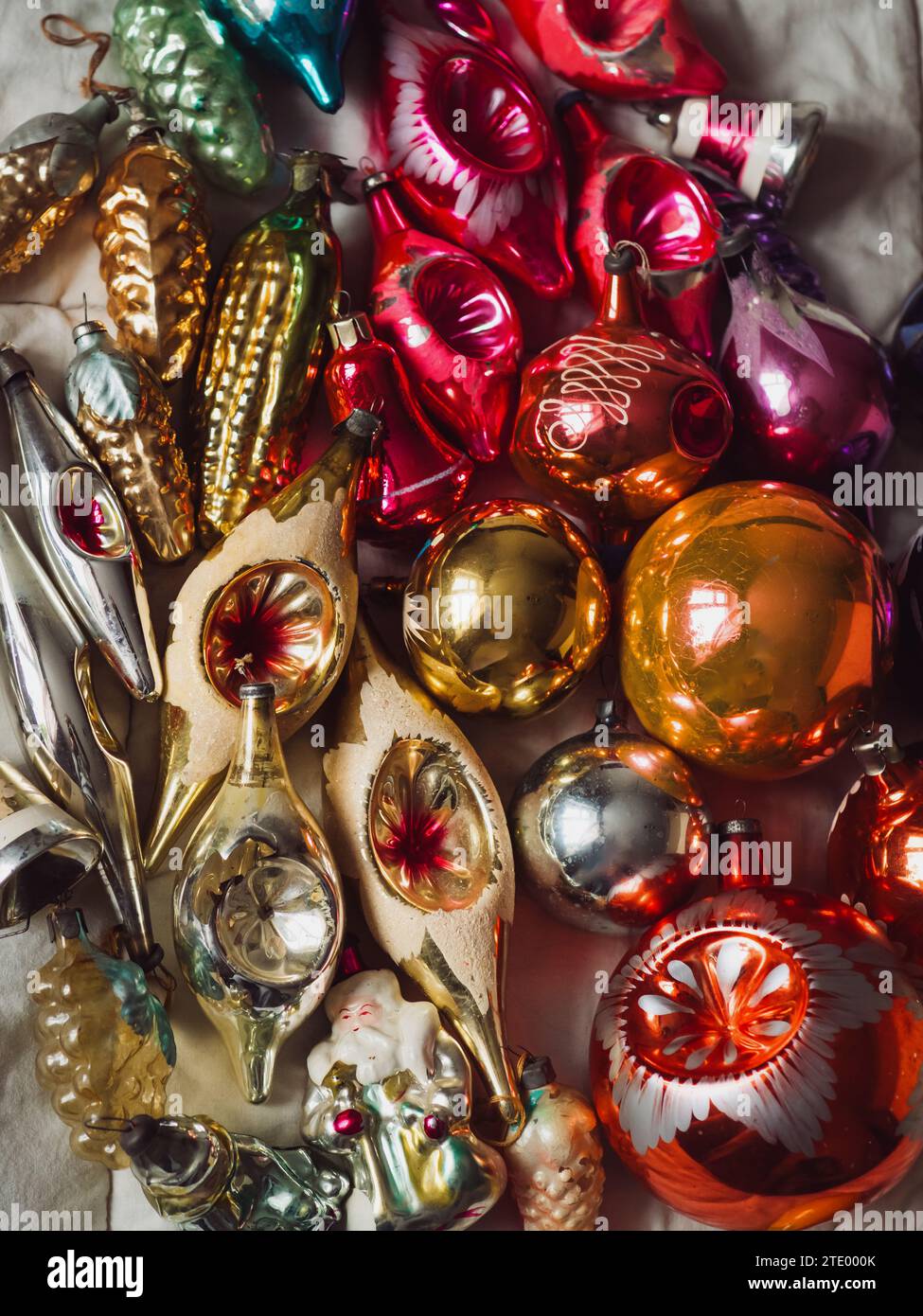 Vertical close up of vintage blown glass Christmas ornaments Stock ...