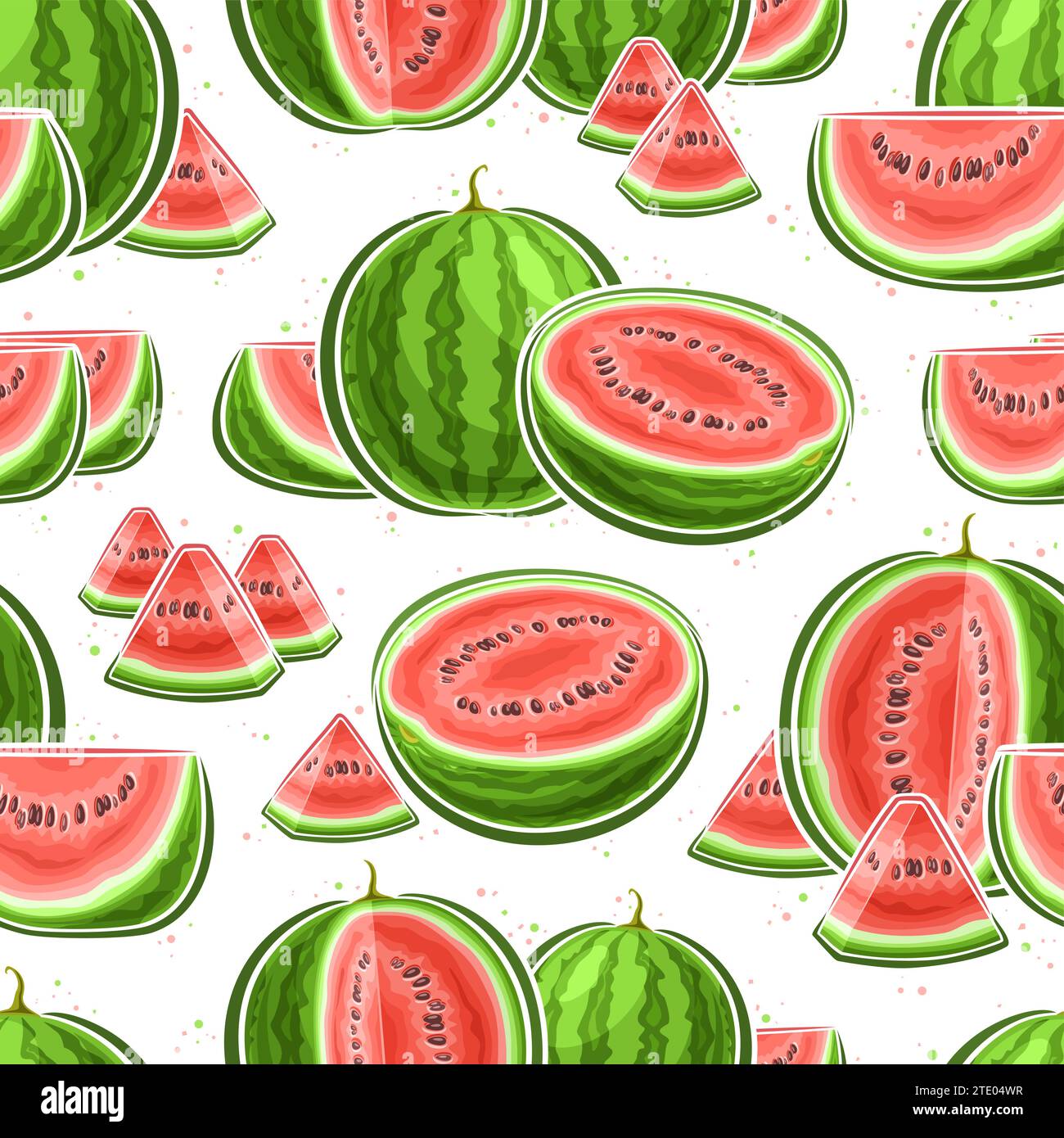 Vector Watermelon Seamless Pattern, decorative repeating background with chopped juicy watermelon composition, square poster with flying flat lay wate Stock Vector