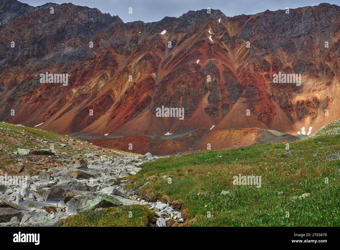 Trip through mountain valley of Altai mountains. Mountain peaks, rivers ...