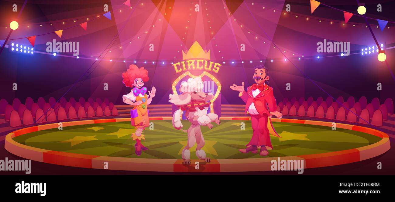 Circus stage with artists inviting for performance. Vector cartoon illustration of female clown on costume, male magician and trained poodle dog standing on arena, empty seats, entertainment show Stock Vector
