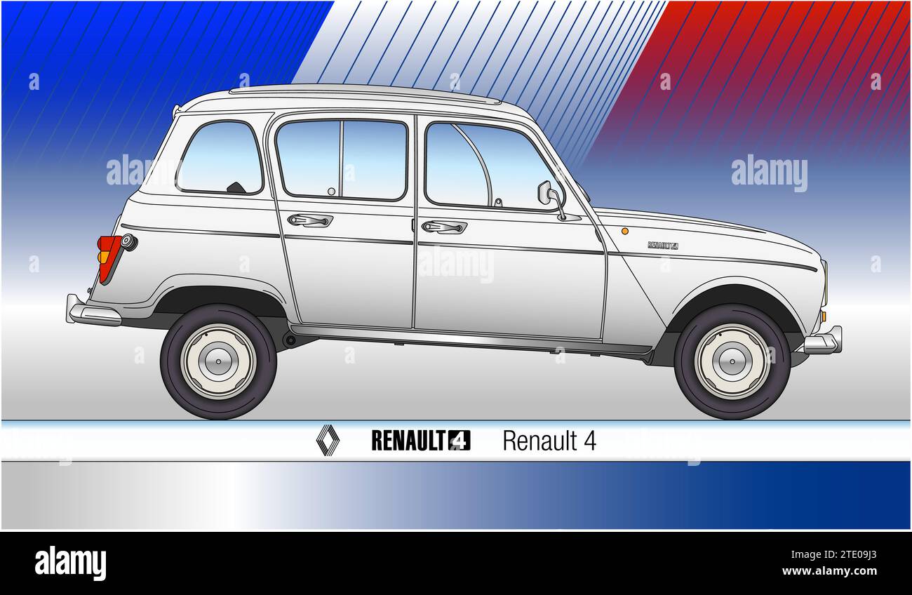 France, year 1961, Renault 4 vintage classic car, silhouette, white vector illustration on the french flag Stock Photo