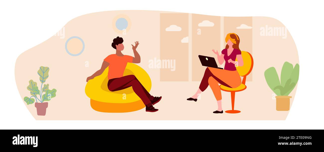 Conversation between a woman and a man in a room with a window ...