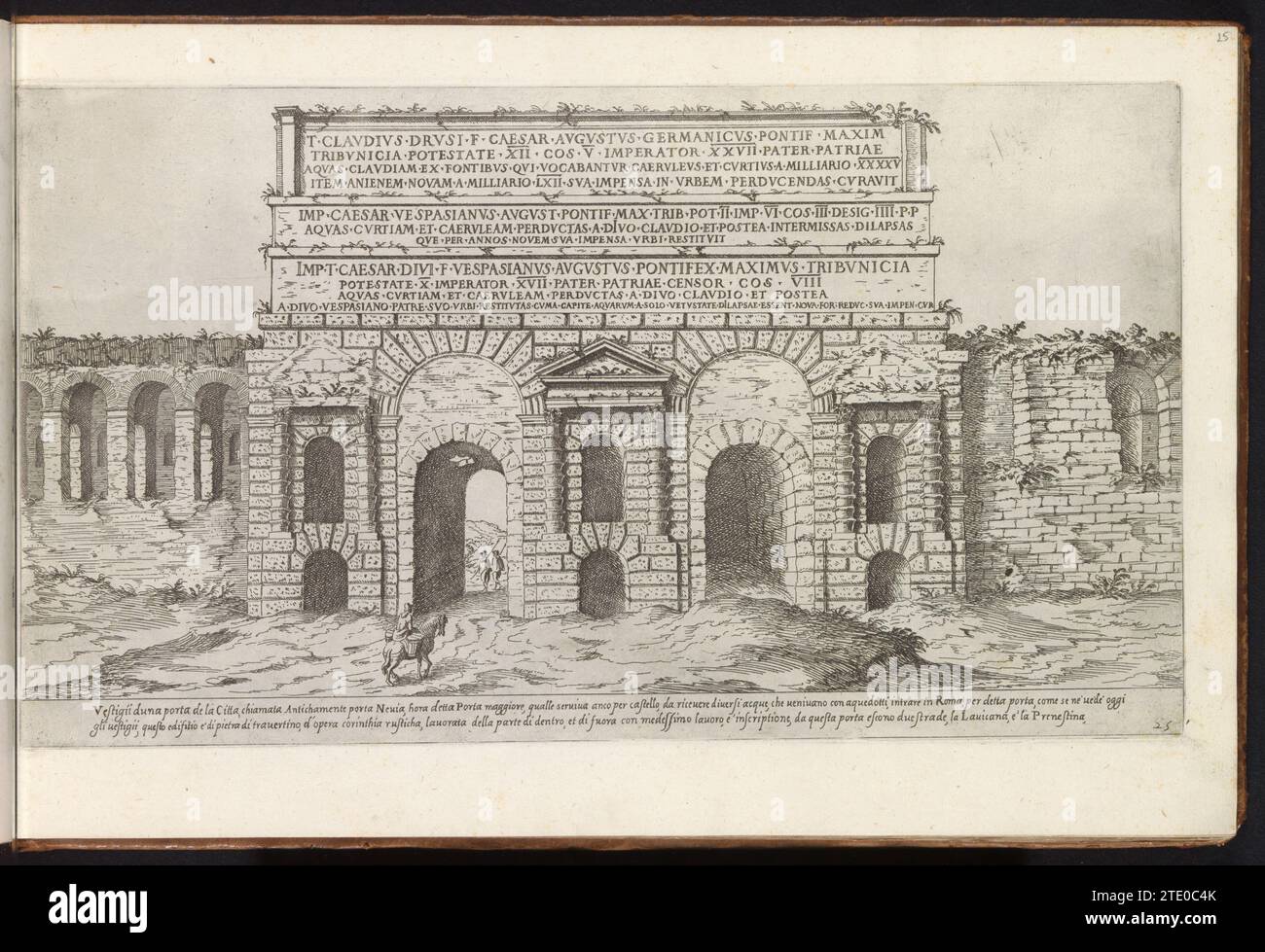Porta Maggiore te Rome, Etienne Dupérac, 1575 View of the Porta Maggiore in the Aurelian Wall in Rome. Caption in Italian. Print is part of an album. maker: Italypublisher: RomeVaticaanstadItaly paper engraving / etching  Major door. Aureliaanse Muur View of the Porta Maggiore in the Aurelian Wall in Rome. Caption in Italian. Print is part of an album. maker: Italypublisher: RomeVaticaanstadItaly paper engraving / etching  Major door. Aureliaanse Muur Stock Photo