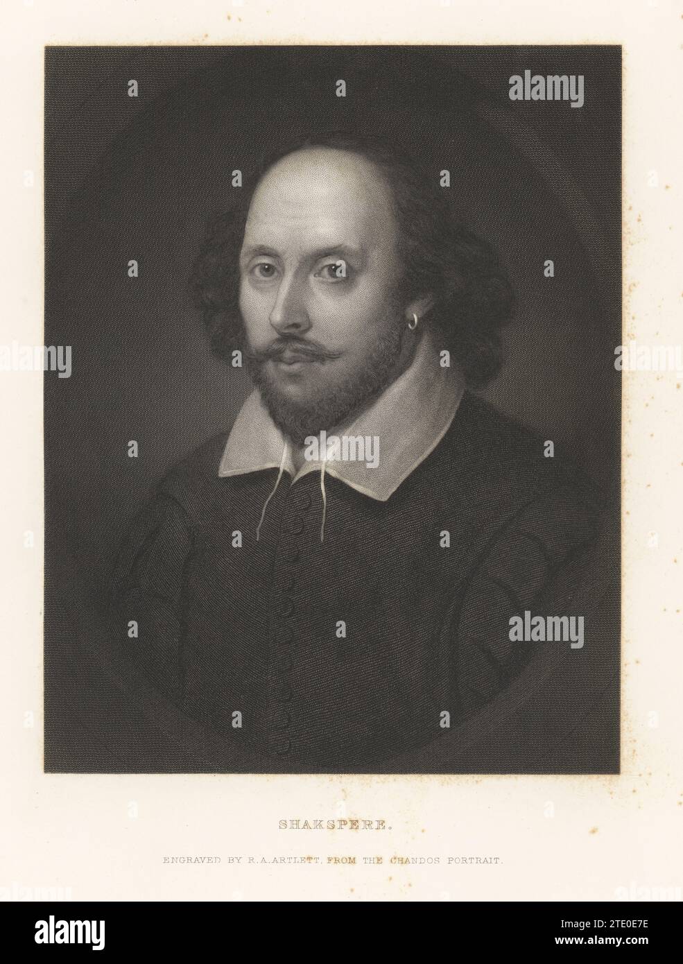Steel engraving by Richard Austin Artlett from the Chandos portrait of Shakspere (William Shakespeare) in The Works of Shakespeare, edited by Charles Knight, Virtue & Yorston, New York, 1880. Stock Photo