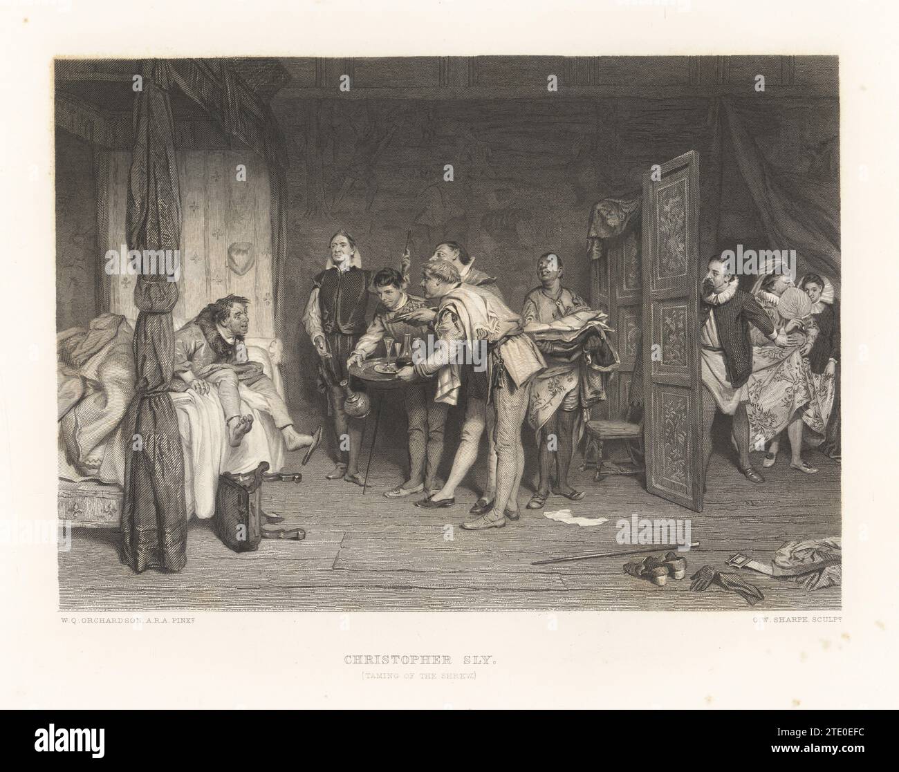 Christopher Sly from William Shakespeare's The Taming of the Shrew. A drunken Sly rises from his bed to find servants treating him like an aristocrat, offering trays of fruit and wine, a Black servant with rich clothes, a man in drag behind a folding screen. Engraving on steel by Charles William Sharpe after an illustration by William Quiller Orchardson in The Works of Shakespeare, edited by Charles Knight, Virtue & Yorston, New York, 1880. Stock Photo