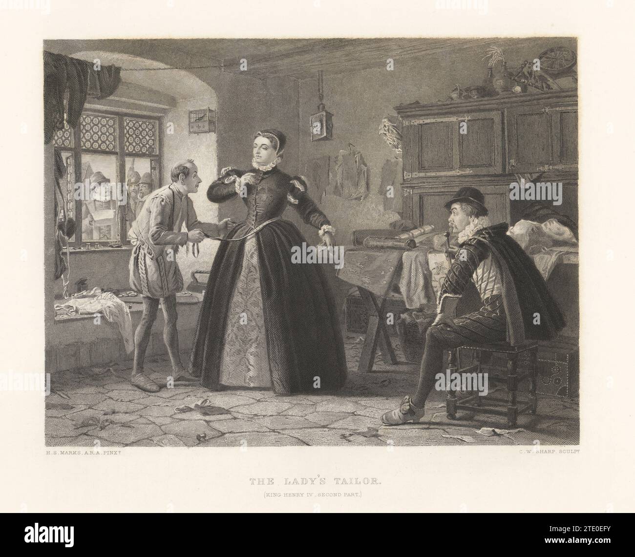 Francis Feeble, the Lady's Tailor, from William Shakespeare's King Henry IV Part II. Feeble measures a woman's waist in front of a seated gentleman. Soldiers look in through the window. Engraving on steel by Charles William Sharpe after an illustration by Henry Stacy Marks in The Works of Shakespeare, edited by Charles Knight, Virtue & Yorston, New York, 1880. Stock Photo