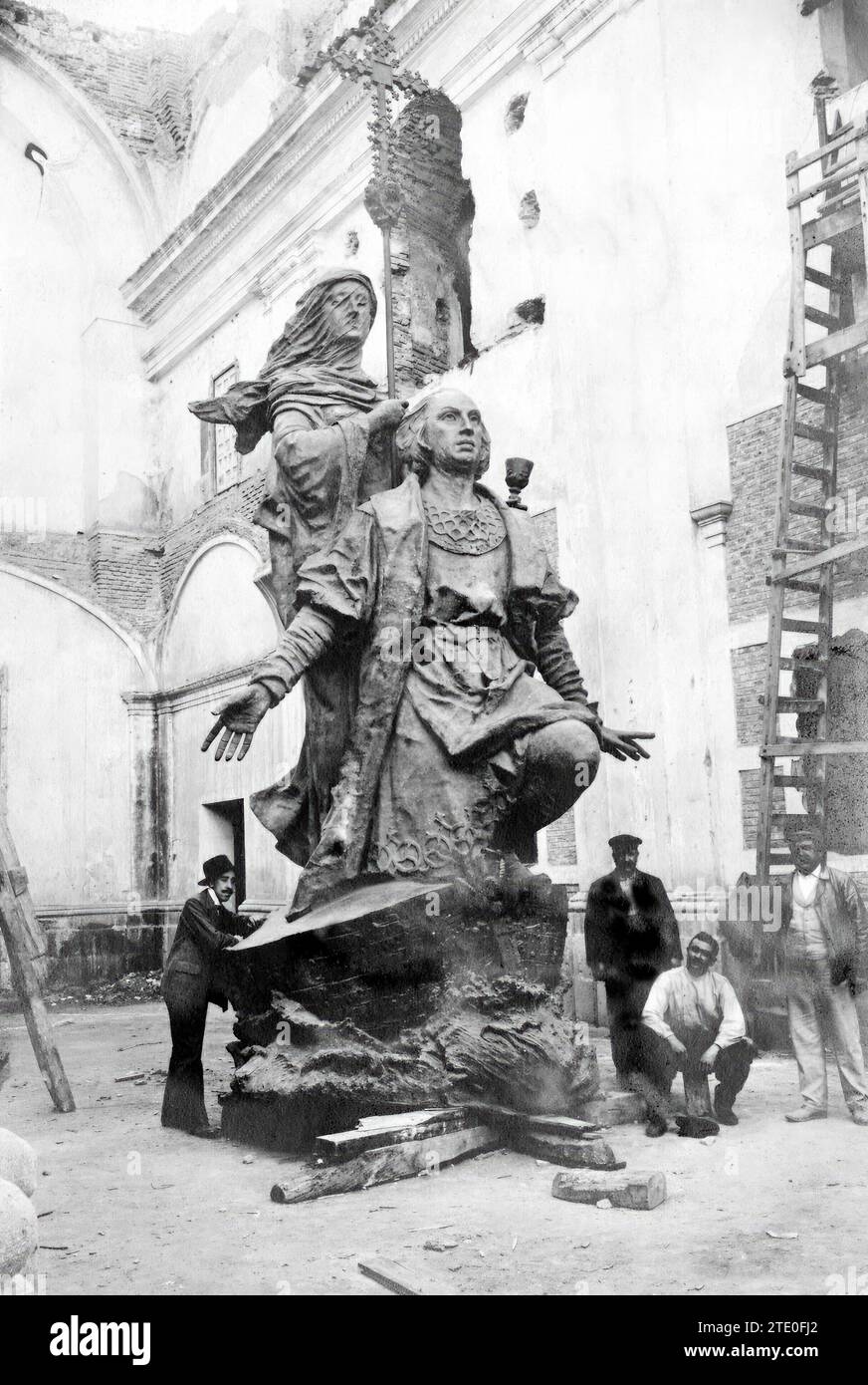 Valladolid, July 1905. Sculpture group "Columbus and faith" by Antonio