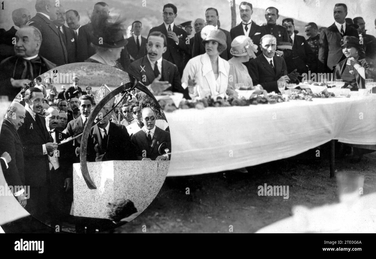 06/17/1923. In the Escorial. Inauguration of the Works of the Abantos company. ISM the King (X) with the Ladies of Solms and Rothbarth, Presiding over the 'Luch'. 2. Monarch (A) and the Managing Director, Mr. Soms (B), at the laying of the first stone of the future great Hotel. (photo Duke Julio). Credit: Album / Archivo ABC / Julio Duque Stock Photo