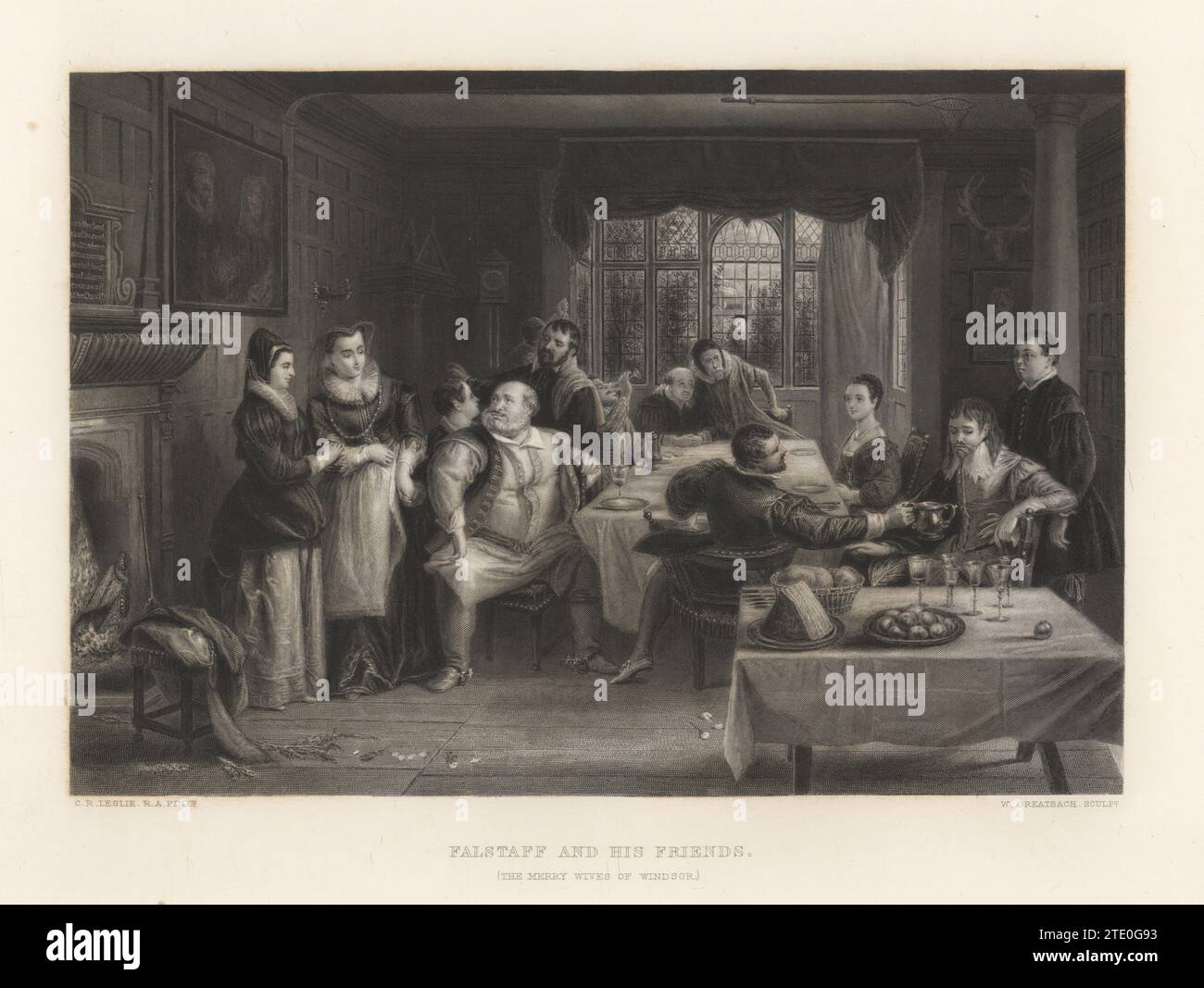 Sir John Falstaff and his friends in William Shakespeare's The Merry Wives of Windsor. Falstaff sits at a large dining table in the Garter Inn surrounded by his men drinking wine, Act 1, scene 2.. Engraving on steel by William Greatbach after a painting in the Sheepshanks Collection by Charles Robert Leslie in The Works of Shakespeare, edited by Charles Knight, Virtue & Yorston, New York, 1880. Stock Photo