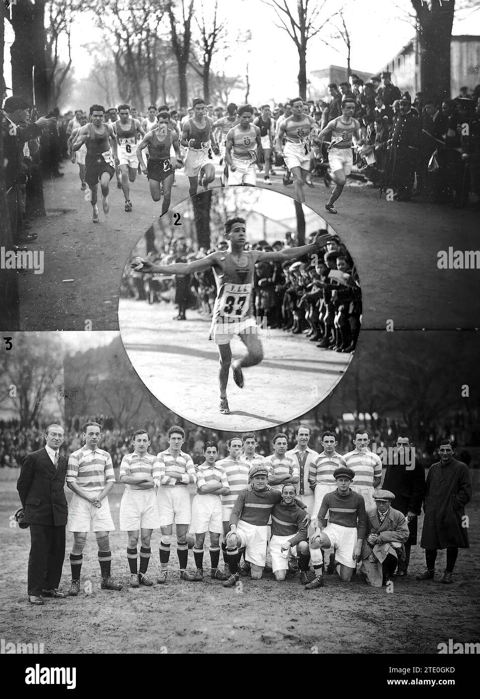 12/31/1923. Saint Sebastian. Sports Tests. 1. Start of the Runners in the 'Cross-Country organized by the Sartako club, 2. The Winner. Velasco, upon reaching the Finish Line, 3. Hungarian MTK team that has played with Real Sociedad. Credit: Album / Archivo ABC / Marín Stock Photo