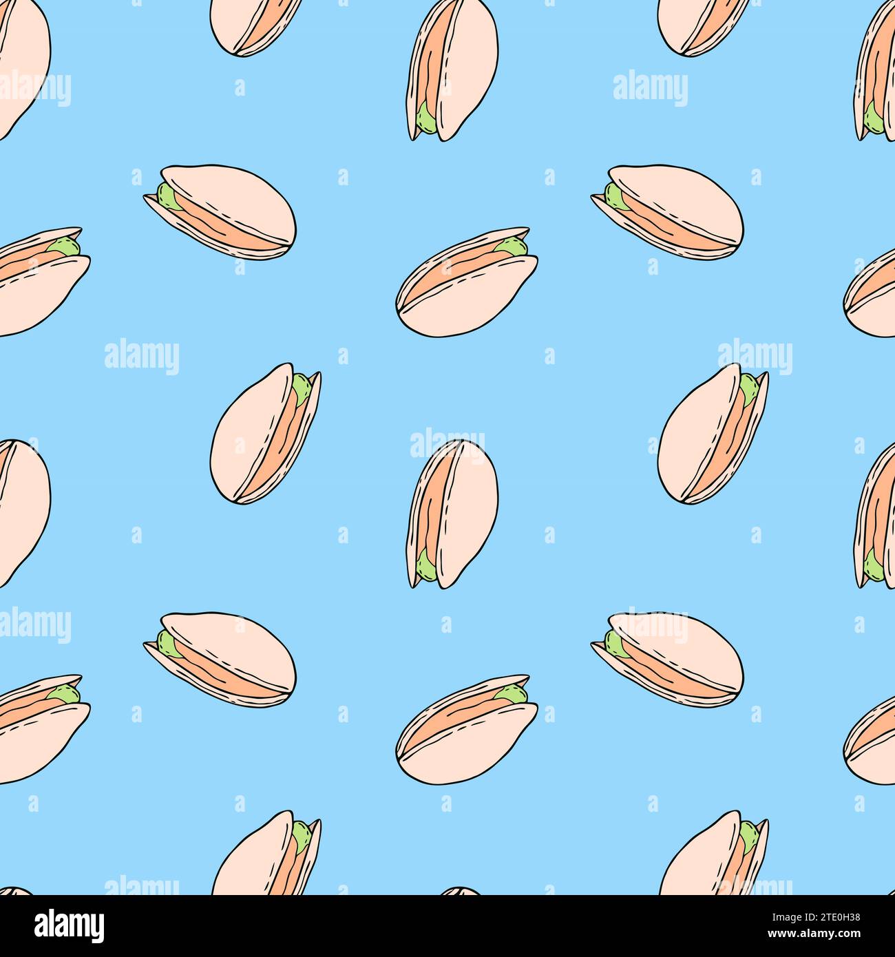 Pattern with doodle pistachios, handmade drawing, on blue background. Vector illustration Stock Vector