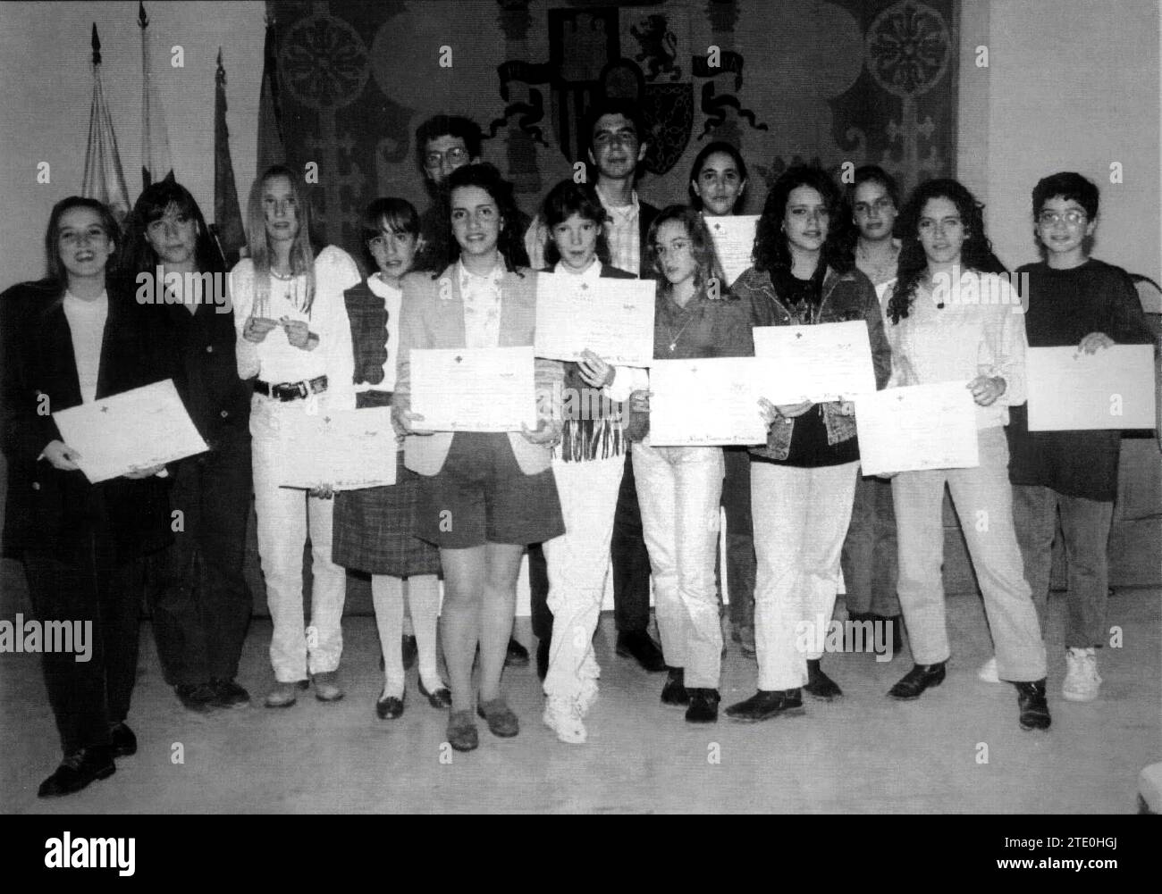 10/18/1993. Presentation of Diplomas to the Collaborating Volunteers of the Little Flag party in Alicante, in the Europa room of the Meliá hotel. The event was chaired by the president of the Charitable Institution, Rafael Ramón-Borja Sempere, who appears in the photo, accompanied by the Secretary General, Isidro Granados, and the Vice Presidents, Joan Suay and Juan José Rovira. Credit: Album / Archivo ABC / José Aniorte Stock Photo