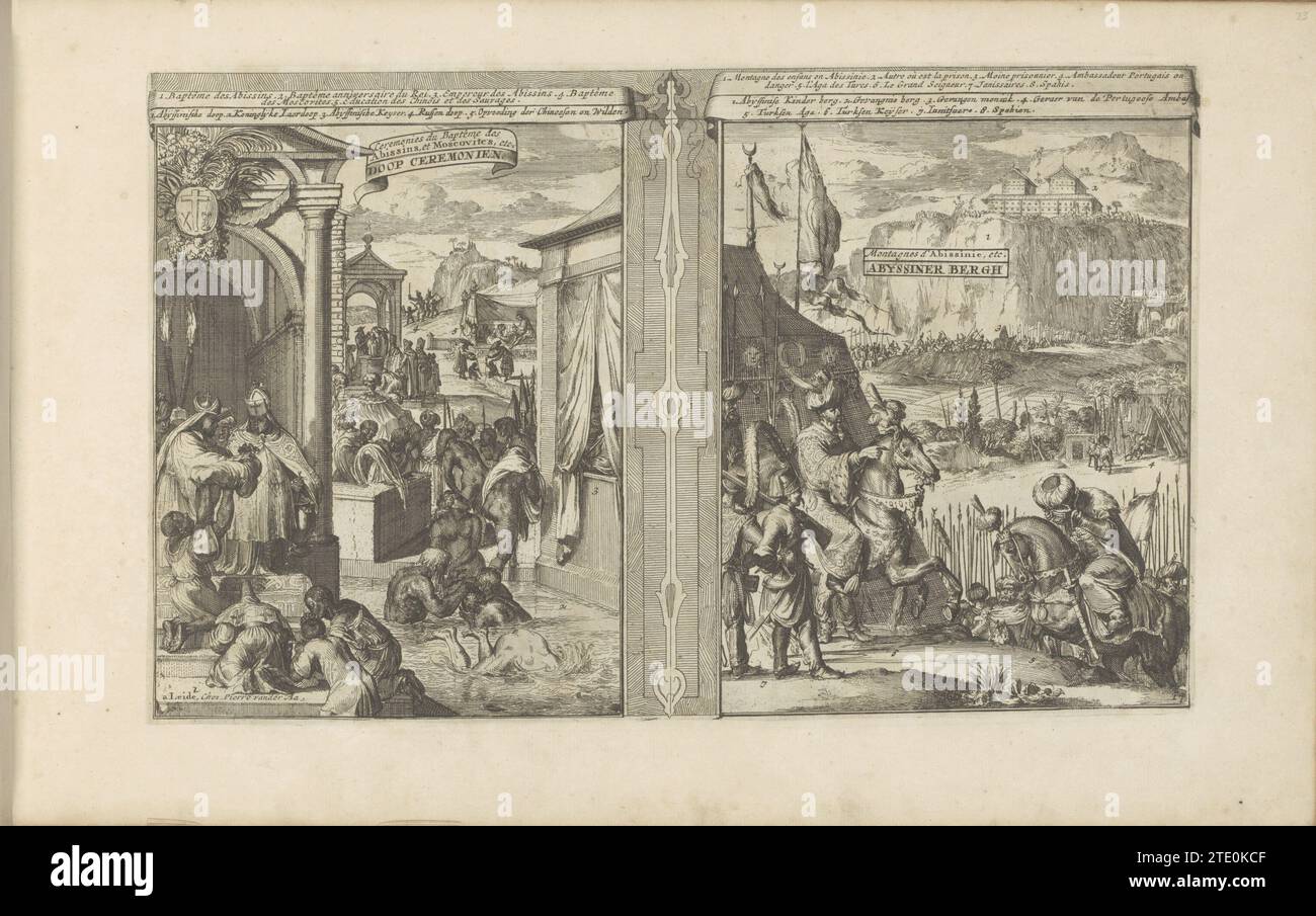 Baptismal ceremonies; Berg van Abessinia, 1682 - 1733 Presentation in two parts. On the left a few baptismal ceremonies in Abyssinia (Ethiopia) and Russia. The baptism of the Abyssinians takes place under the church door with blessed water. The Abyssinians renew their baptism every year on three kings. On the judge the Kinderberg and Prison Mountain in Abyssinia. Apart from the heir to the throne, all royal children and close relatives had to live in this mountain. In the foreground the Turkish sultan on horseback. A Turkish Agha, also on horseback, joins the hands. Next to the Sultan a JaniSa Stock Photo