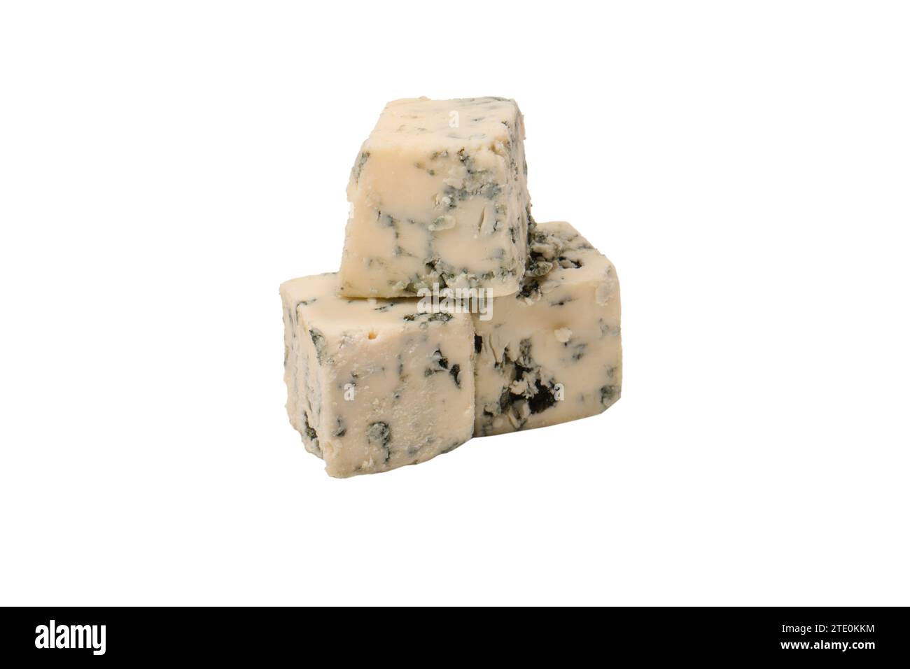 Blue cheese cubes isolated on a white background. Top view Stock Photo