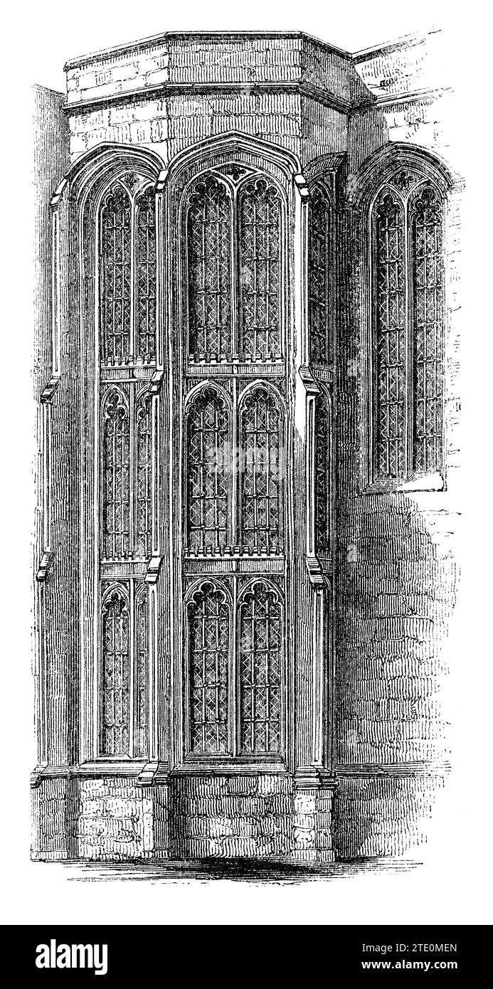 Vintage 1854 engraving of an oriel window at Crosby Place in Bishopsgate, London. Stock Photo