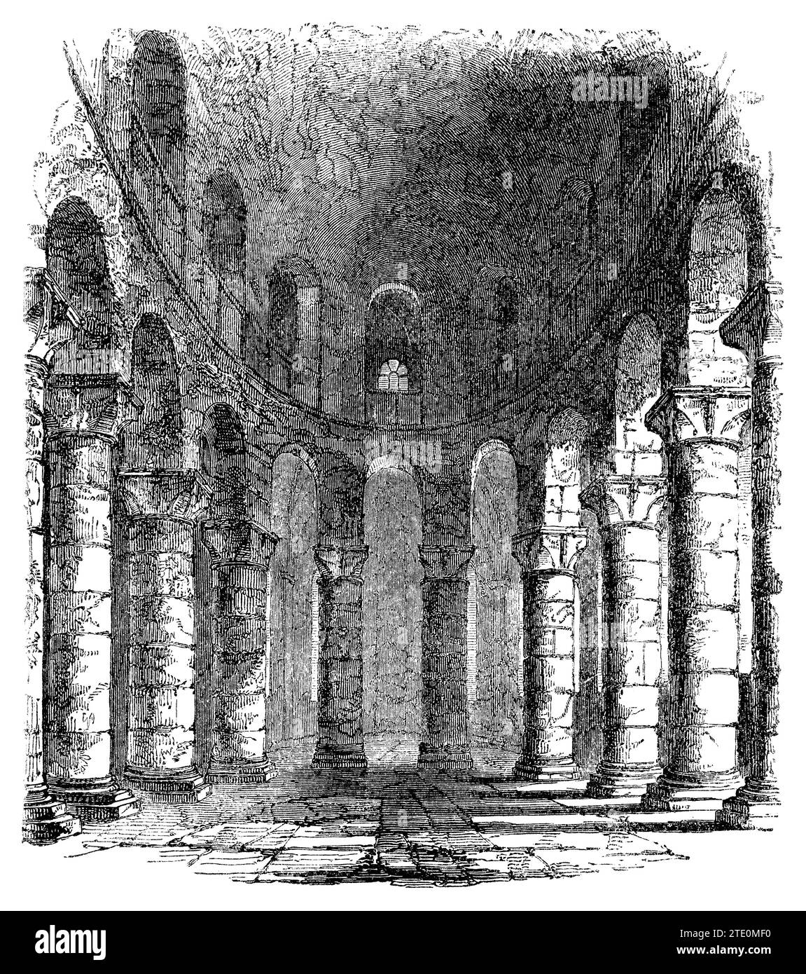 Vintage 1854 engraving of the interior of St. John's Chapel in the White Tower of the Tower of London, England. Stock Photo