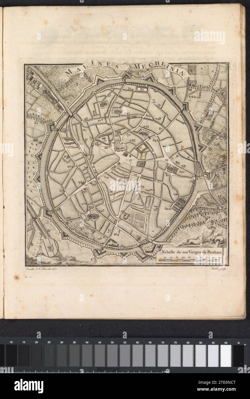 Map of Mechelen, 1775-1825, 1825 Map of the city of Mechelen, which are indicated the most important buildings that were in 1775. On the opposite page is the title and the legend 1-79 and A-r. Illustration in a publication on the occasion of the 1050-year-old celebration in 1825 of the death of Saint Rumoldus or Rombout, patron saint of the city of Mechelen, who was thought that he had died in 775. Mechelen paper etching / engraving  Mechelen Map of the city of Mechelen, which are indicated the most important buildings that were in 1775. On the opposite page is the title and the legend 1-79 an Stock Photo