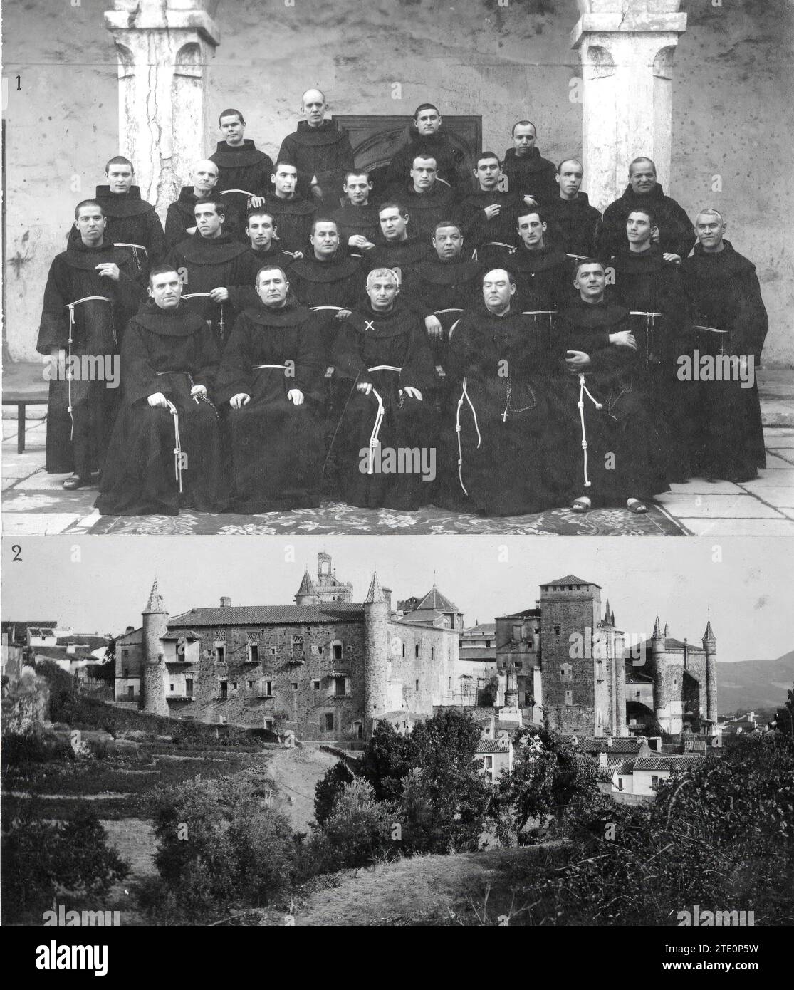 10/31/1915. 1.-the general of the Franciscans in Spain. 1.- the Rt. Fr. Cimino (X), with the Franciscan Community of Guadalupe, during his recent Visit. 2.- the royal monastery of Guadalupe (Cáceres). Photos: by Father Juan B. Yuste - Approximate date. Credit: Album / Archivo ABC Stock Photo