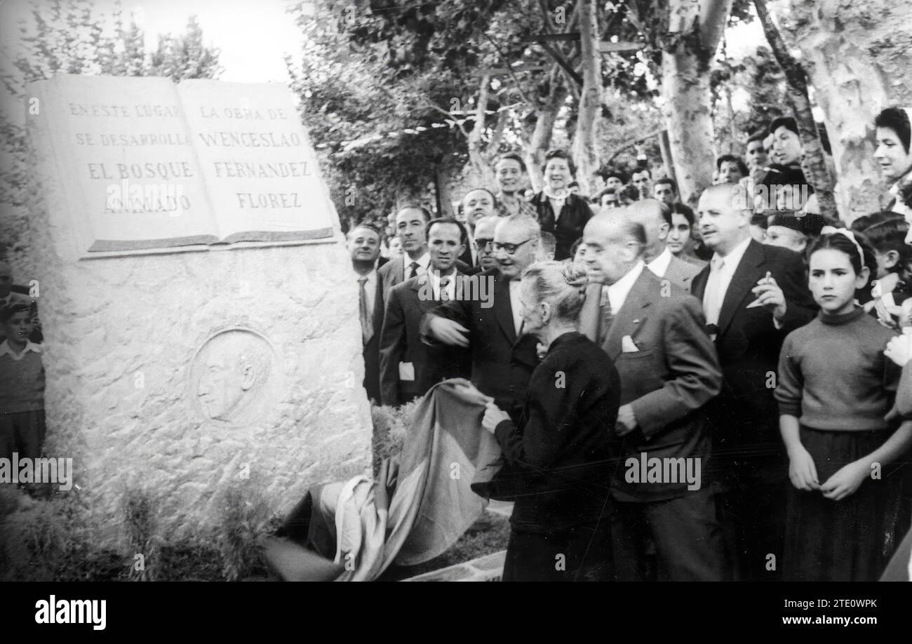 08/31/1955. Tribute To Fernández Flórez In 'the Animated Forest'. The mother of the illustrious writer and academic of the Royal Academy, D. Wenceslao Fernández Flórez, discovers the monolith that, in honor of the author of 'the animated forest', has been erected in the Cecebre fraga, scene of the main passages of his Famous Novel. Photo: white. Credit: Album / Archivo ABC / Foto Blanco Stock Photo