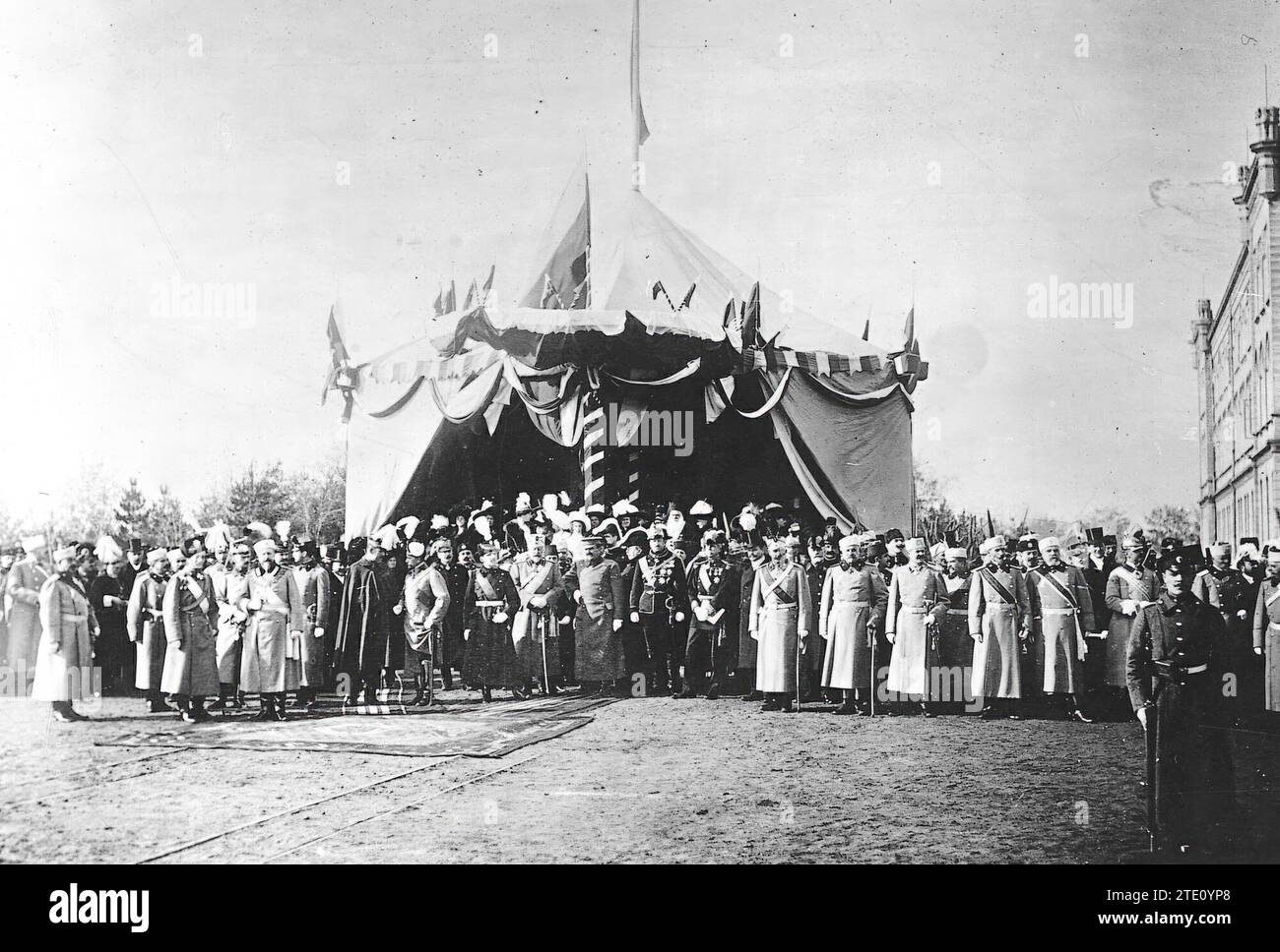 01/31/1912. Coming of age of a Prince. The Royal tribune from which they witnessed the military parade in Sofia, during the festivities that celebrated the coming of age of Prince Boris, King Ferdinand of Bulgaria and Princes Ferdinand of Romania and Alexander of Serbia. Credit: Album / Archivo ABC / Charles Chusseau Flaviens Stock Photo