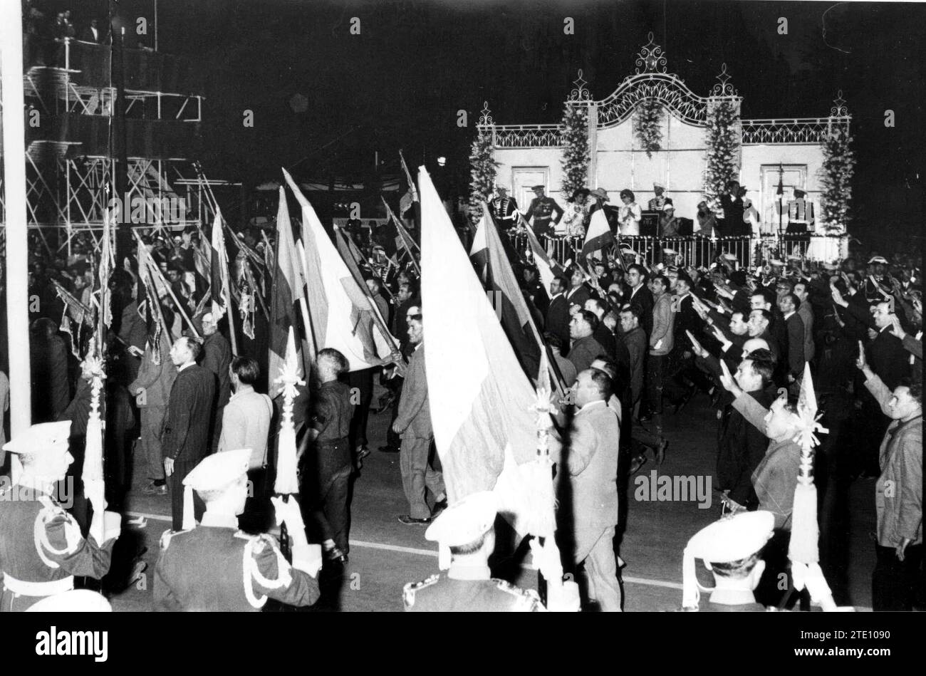 Ex-Combatants before Franco's tribune, in the Victory Day of 1961, who carried their old flags and wore, in their civilian costumes, the Insignia and Decorations won during the War. Credit: Album / Archivo ABC / Manuel Sanz Bermejo Stock Photo