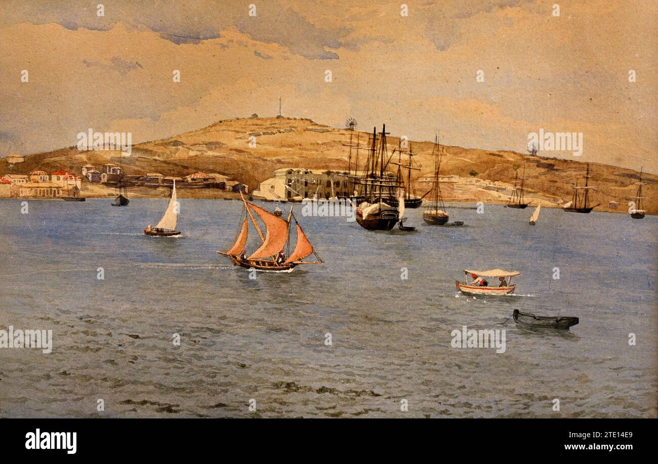 Soutzos Grigorios (1814 - 1869) View of Piraeus  Painting 19ty-20th Century, National Gallery, Athens, Greece. Stock Photo