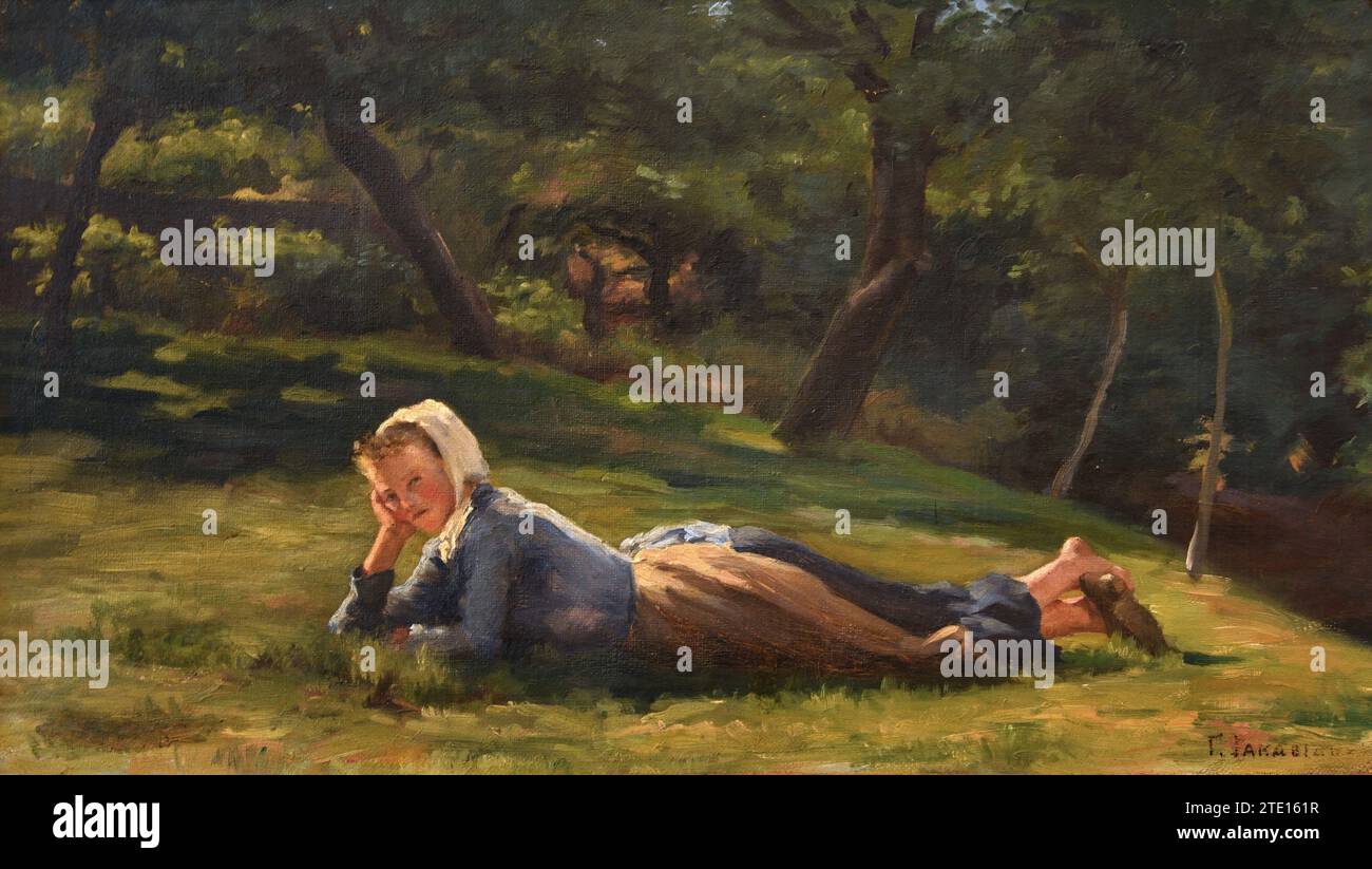 Iakovidis Georgios (1853 - 1932) German Woman Lying in the Forest, Painting 19ty-20th Century, National Gallery, Athens, Greece. Stock Photo
